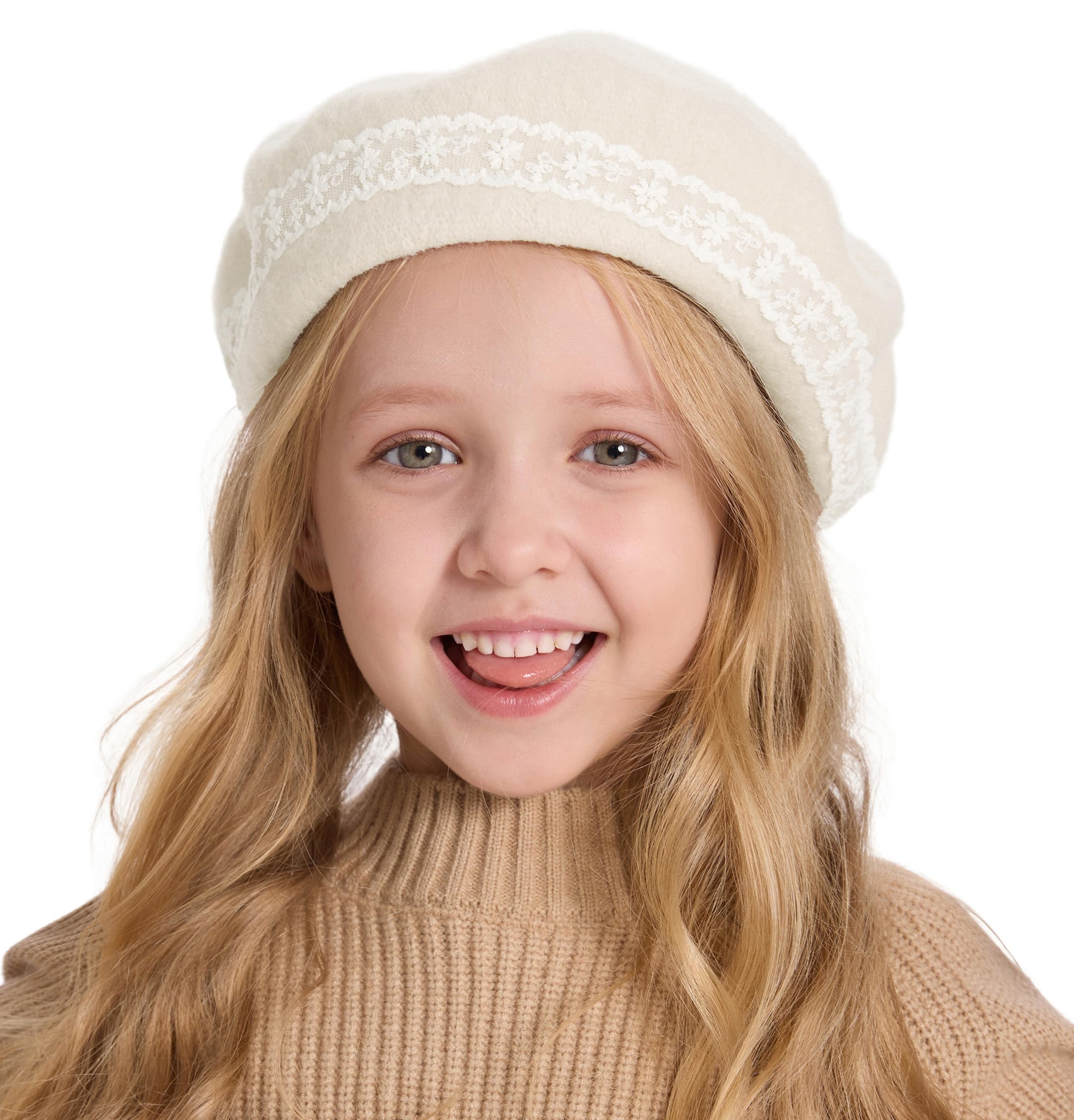 ZLYC Wool Kids Beret Hat Girls Solid Color Artist French Beret Cap(Lace White),One Size