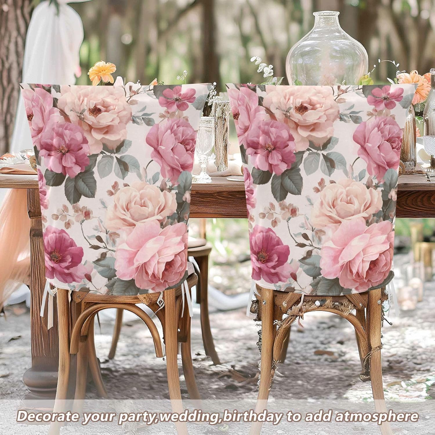 ALAZA Pink Floral Roses Chair Back Cover Set of 6, Washable Reusable Removable Chair Slipcovers Decorative Chair Cover for Home Kitchen Wedding Party