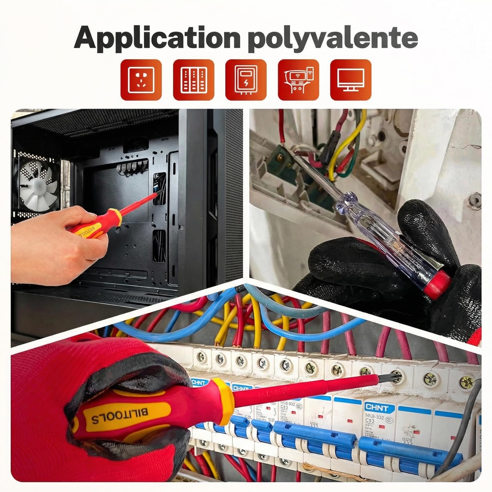 BILITOOLS Tournevis Electricien 9 Pièces Coffret de Tournevis Isolés 1000V VDE/GS avec Testeur de Tension – Outillage Électrique Professionnel avec 8 Embouts Magnétiques