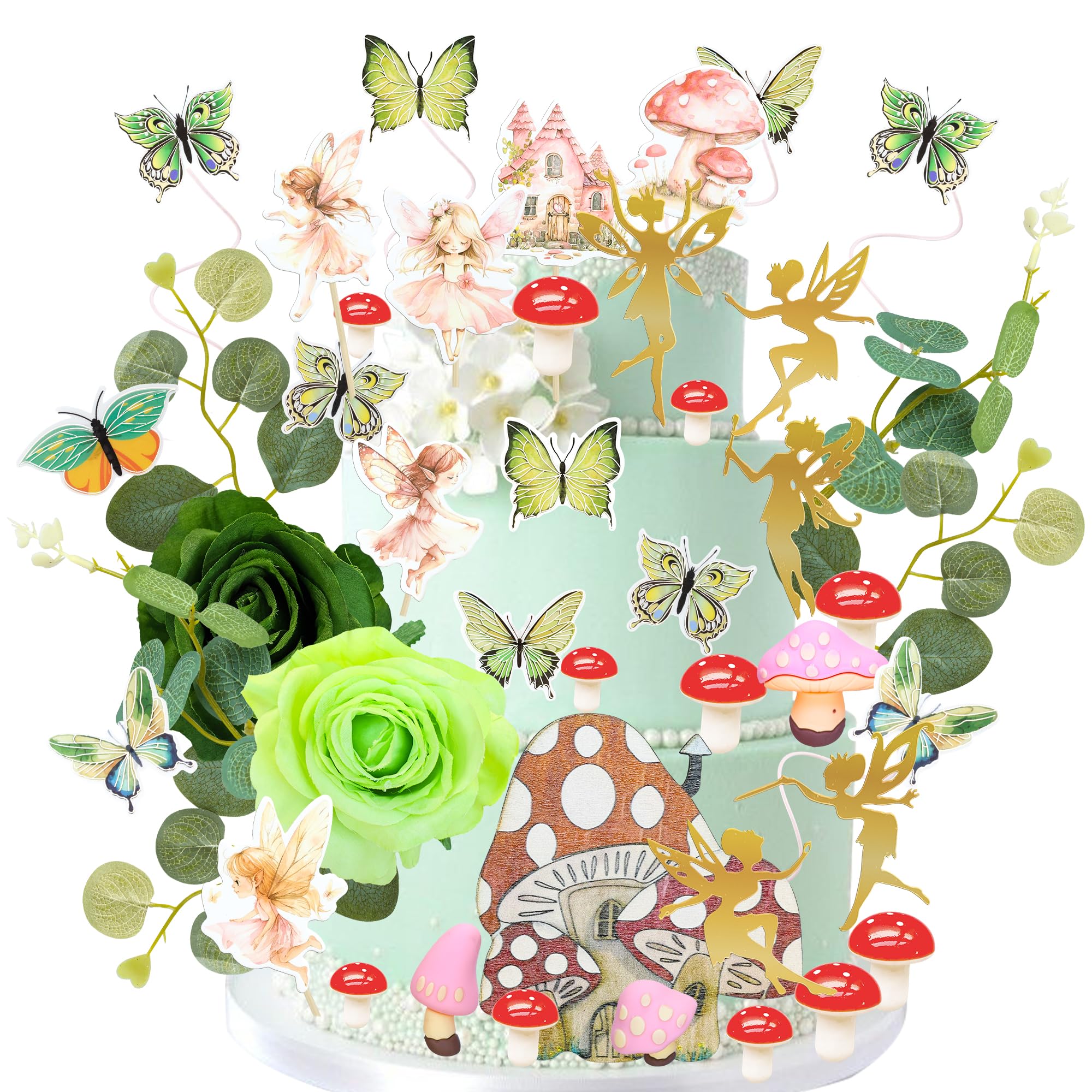 Gyufise 60 Pack Fairy Cake Toppers Butterfly Cake Picks Mushroom Door Flowers Cake Decoration Fairy Garden Topper for Girl Party Birthday Baby Shower Supplies Green