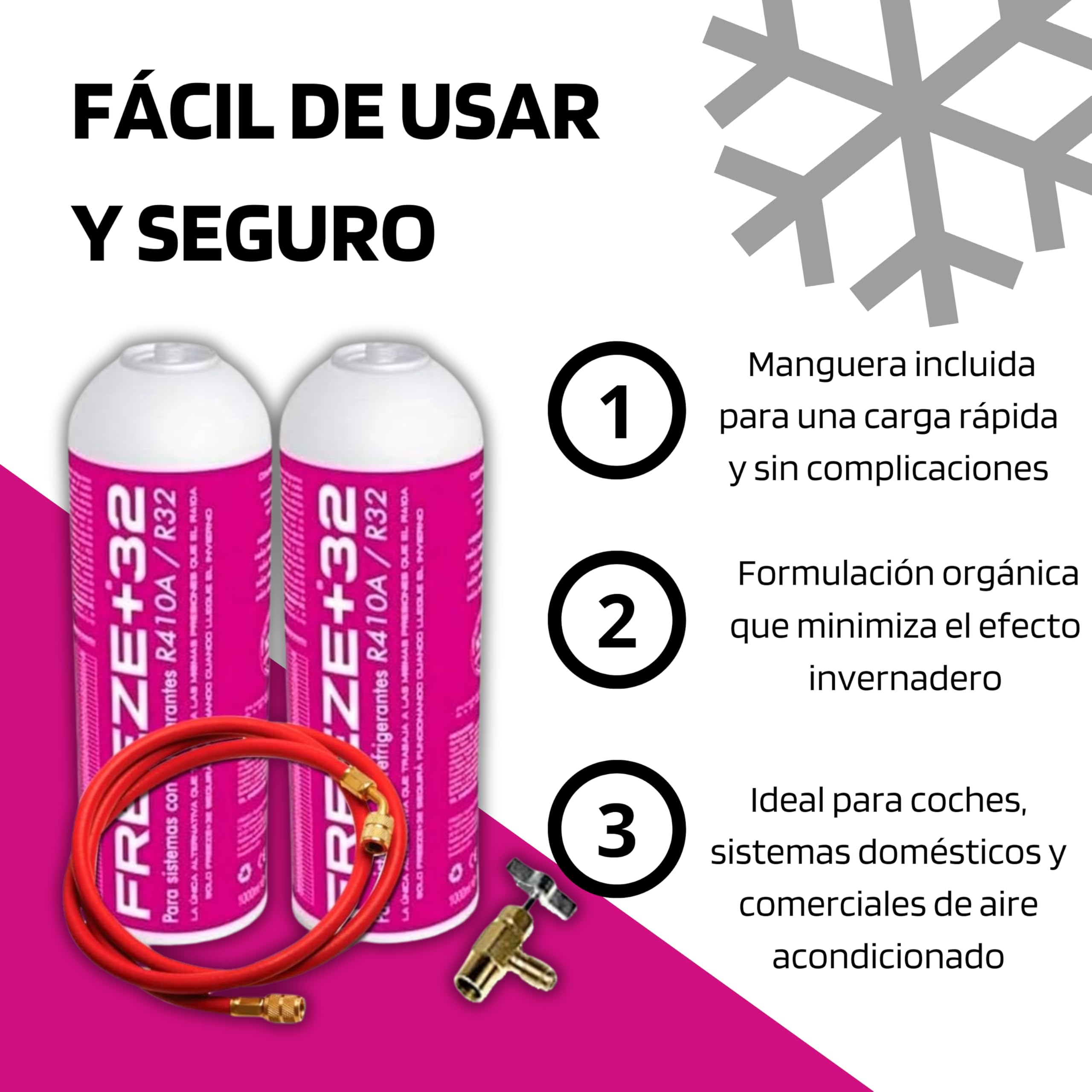 KIT Genérico Gas Refrigerante Freeze Orgánico +32 (2 Botellas 350Gr + Válvula Sustituto R32, R410A. + Manguera de Carga) - Gas Aire Acondicionado Coche, Gas R32 Para Aire Acondicionado, Refrigerante R