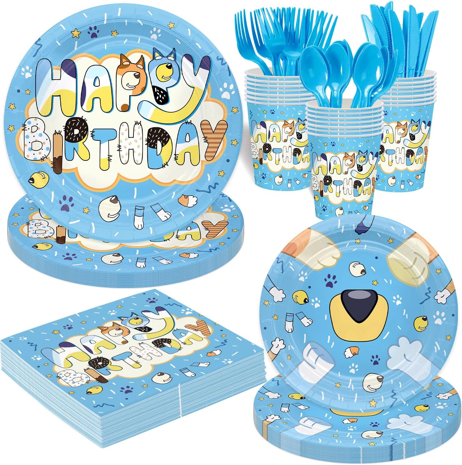 Blue Cartoon Dog Theme Party Supplies for 24 Guests,Blue Dog Birthday Decorations Disposable Tableware Set With Plates, Cups, Napkins & Cutlery For Kids Child Themed Birthday Party