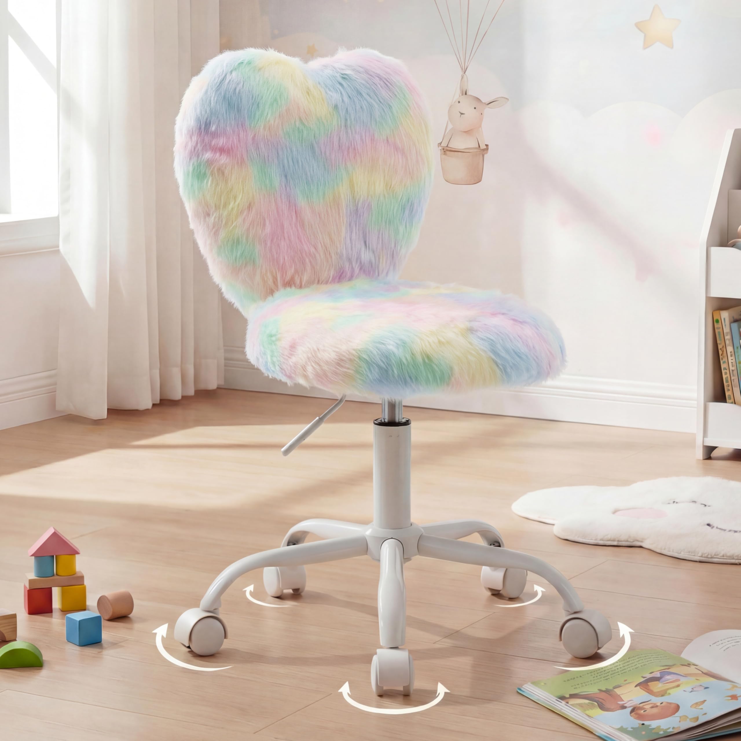 Cute Fuzzy Kids Chair Comfy Study Desk Chair Furry Studing Computer Task Chairs Faux Fur Swivel Vanity Chairs for Girls Bedroom, Multi-Color