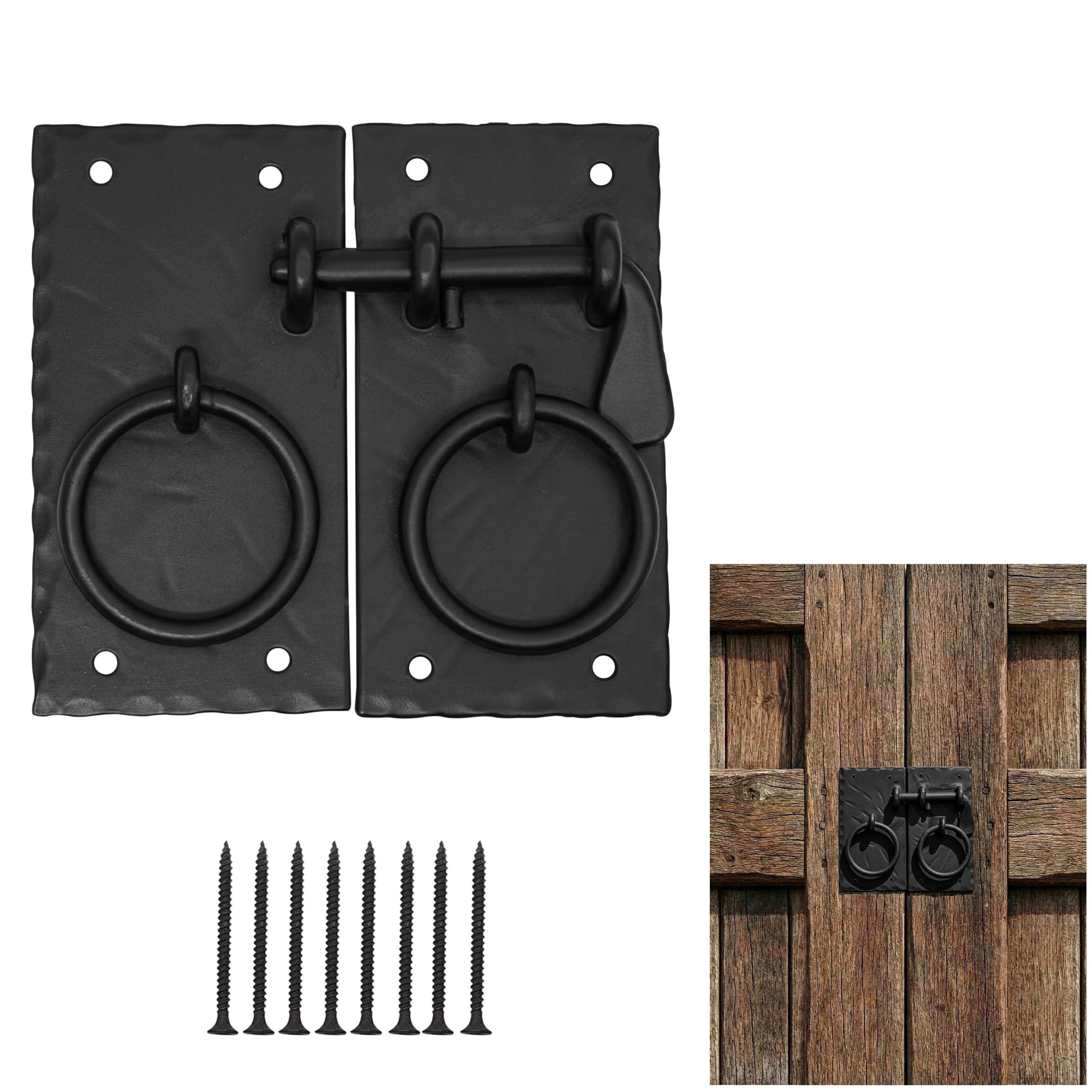 Mystic - Set di chiavistelli in ferro forgiato a mano, stile rustico, con maniglie ad anello, per cancelli, porte del fienile, capannoni e armadi