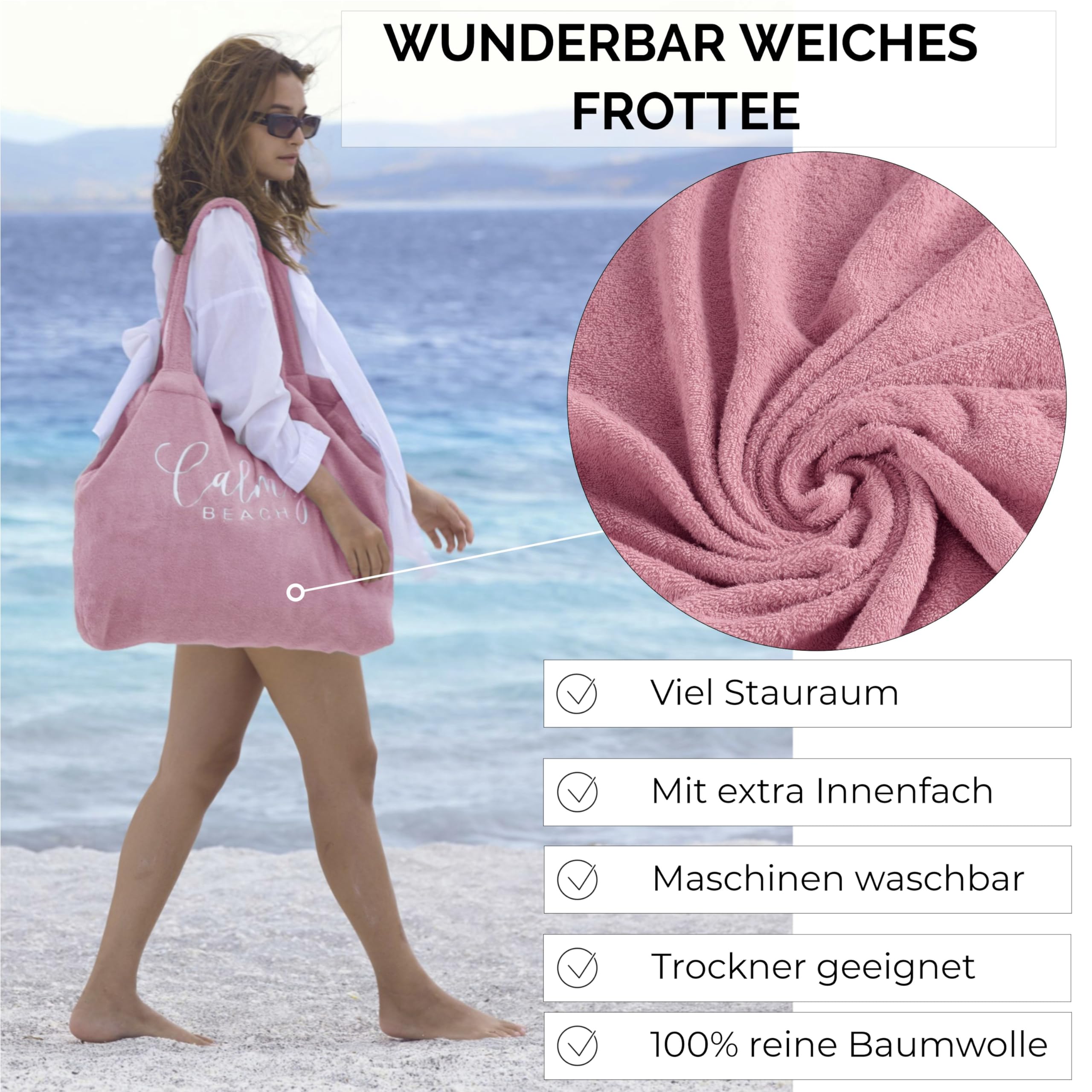 Sac de plage XXL en tissu éponge - 100 % coton - Pour homme et femme - Avec compartiment intérieur et longues anses de transport