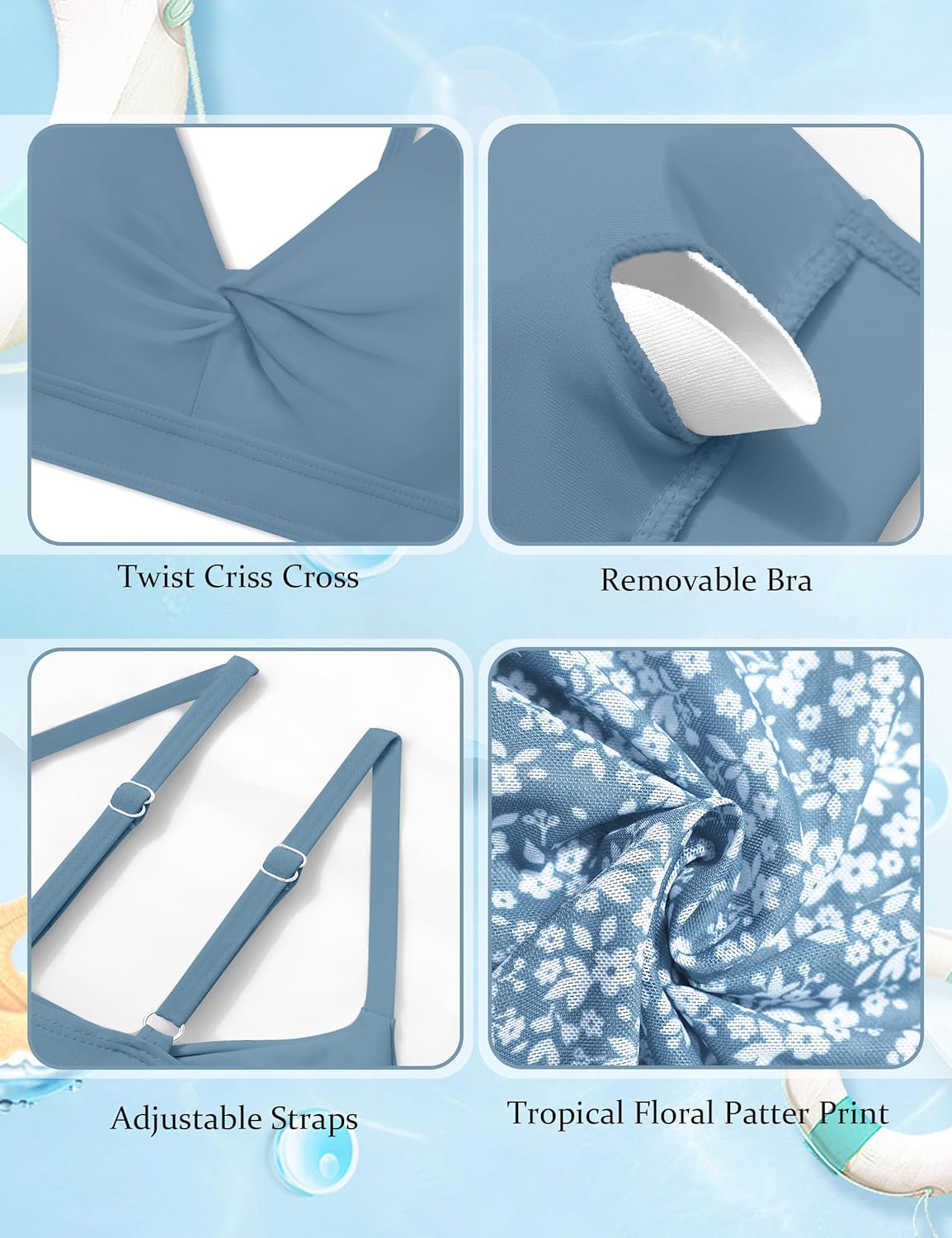 Girls Swimsuit 4 Piece Tropical Print Bikini Set Twist Criss Cross Bathing Suit with Kimono and Cover Up 9-16Y - Image 5