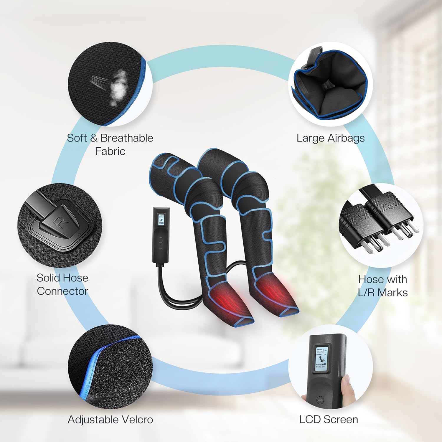 Close-up of COMFIER leg massager components: soft breathable fabric, large airbags, solid hose connector, hose with L/R marks, adjustable Velcro, and LCD screen remote.