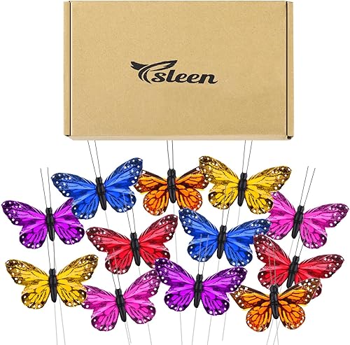 Miniatura 8 de Ysleen Juego de 12 mariposas monarca de Halloween, mariposas artificiales, púas de plumas con alambre para manualidades, flores falsas, suministros
