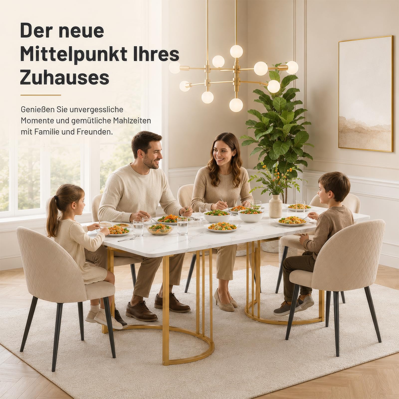 Esstisch 140 x 80 cm Weiß Gold, moderner Küchentisch mit Marmor-Optik, rechteckiger Esszimmertisch aus MDF mit Metallgestell, verstellbare Füße, für Esszimmer, Küche, Wohnzimmer