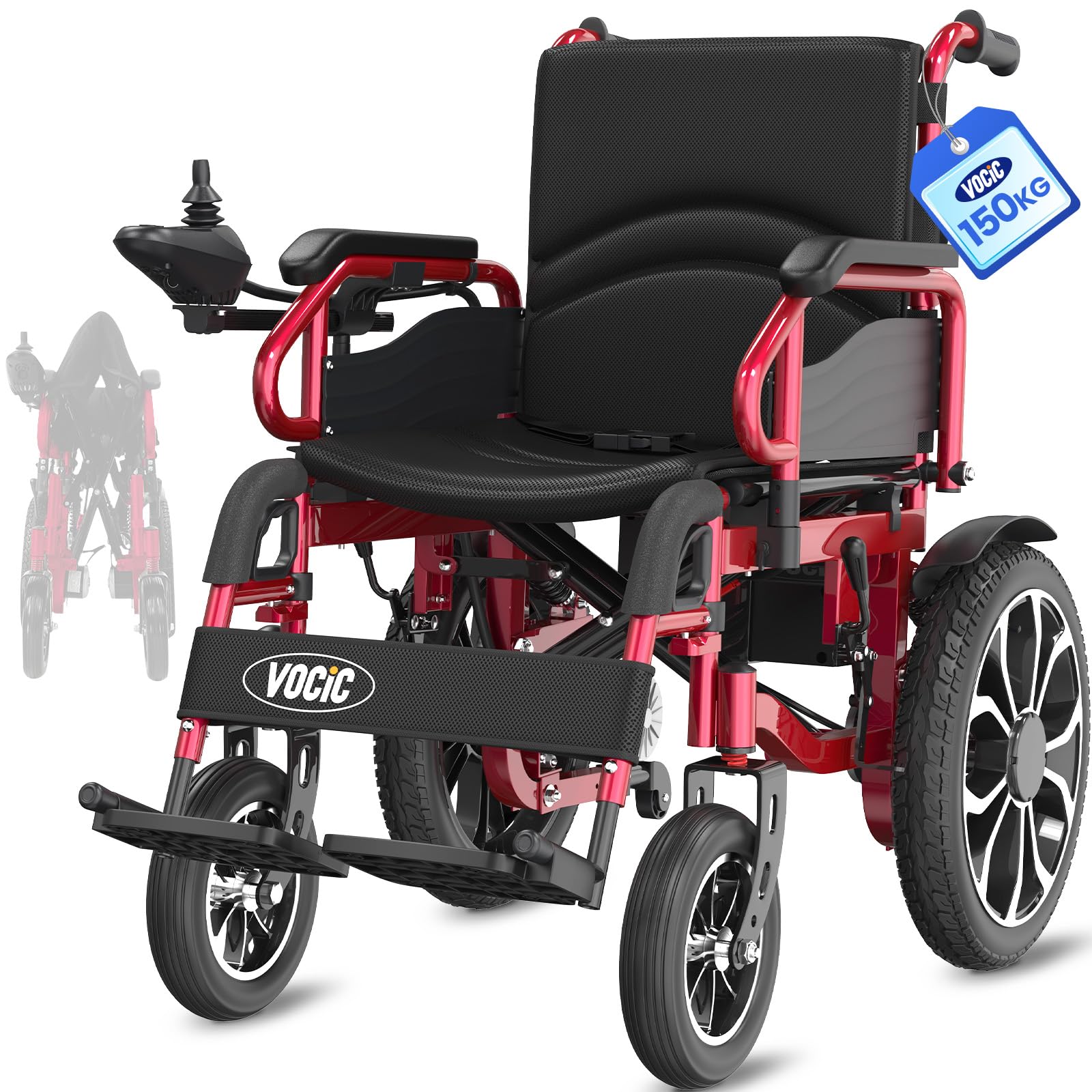 VOCIC V56 Silla de ruedas eléctrica plegable ligera, 30 km, silla de ruedas eléctrica de hasta 150 kg, para exteriores con neumáticos de goma de 40 cm, para todo tipo de terrenos (bermellón)