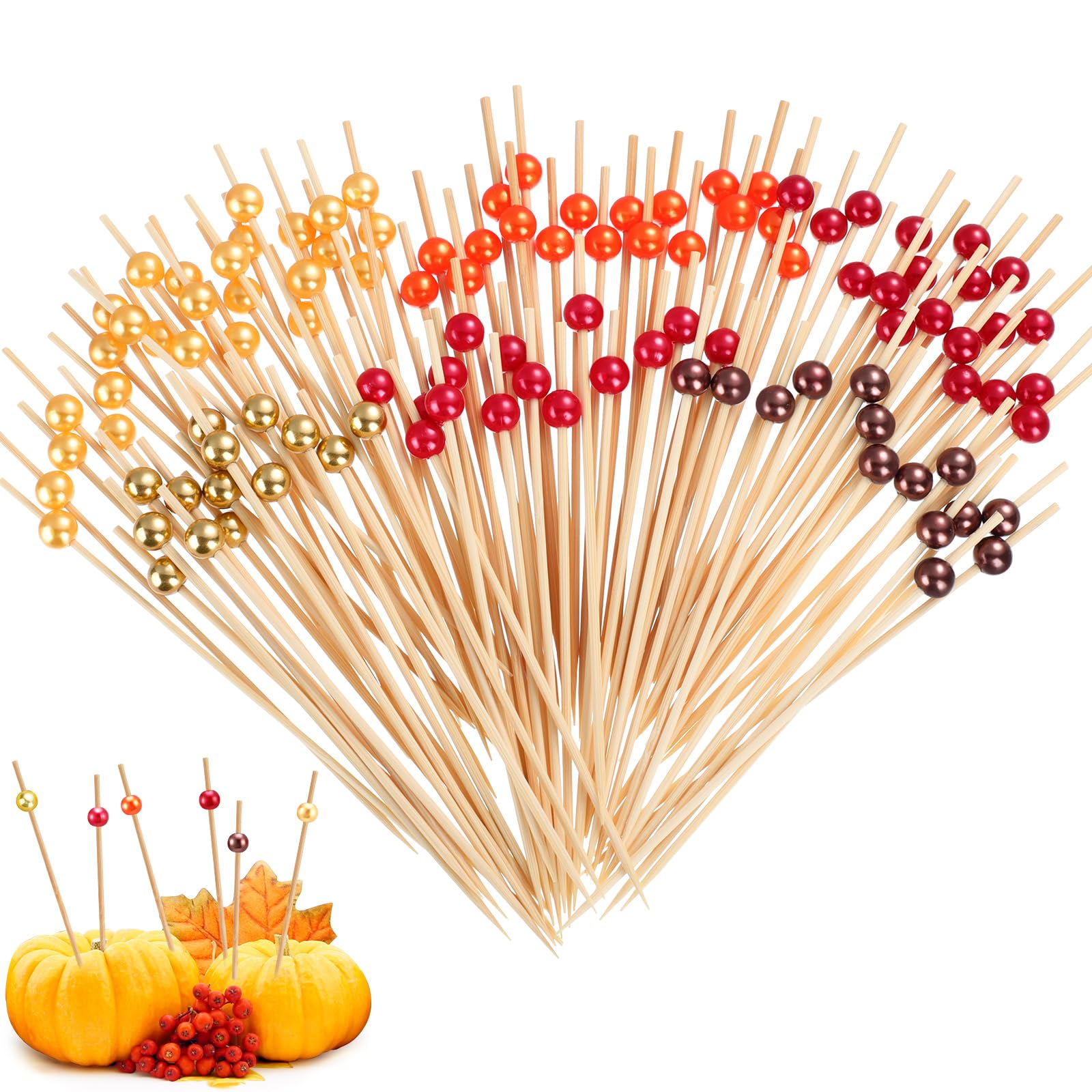 Reallnaive 600 Pcs Pearl Cocktail Picks 4.7Inch, 0.3" Bead, Autumn