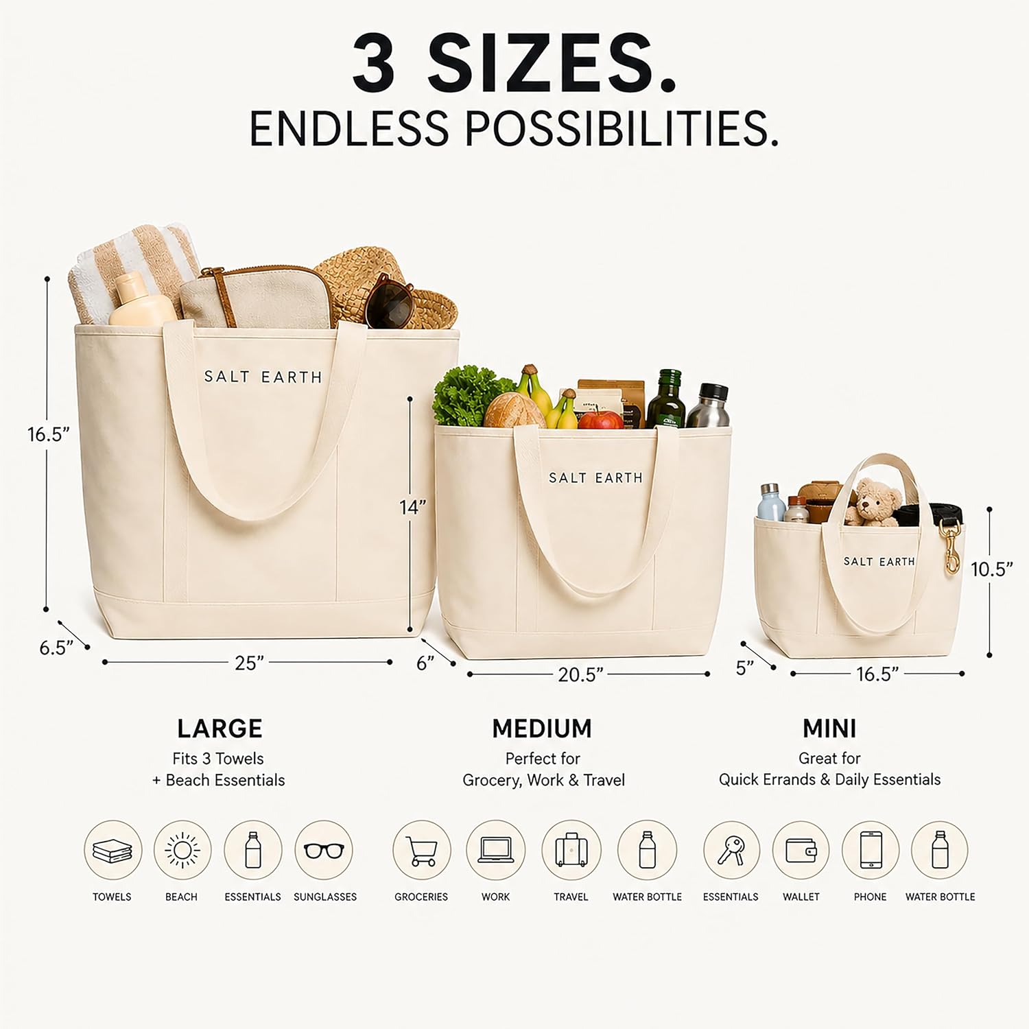 Salt Earth Cotton Canvas Tote Bag Pack of 3, Foldable Beach Bag Set, Canvas Totes for Beach Essentials, Travel Tote Bags, Reusable Grocery Bags for Market, Stands Upright, Easy to Carry Long Handles
