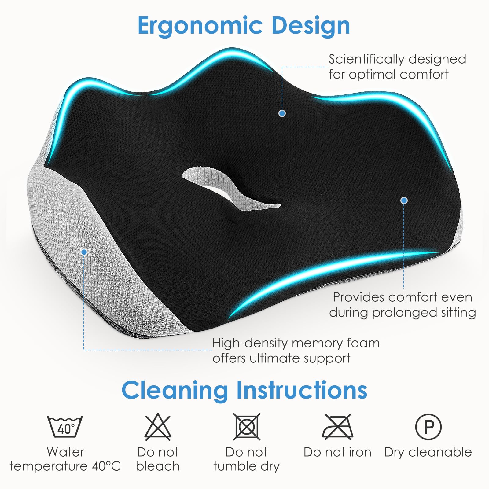 Cuscino ortopedico con memory foam, cuscino ergonomico per sedia da ufficio e auto – Cuscino coccige per alleviare la pressione, antiscivolo per ufficio, casa e auto (nero)