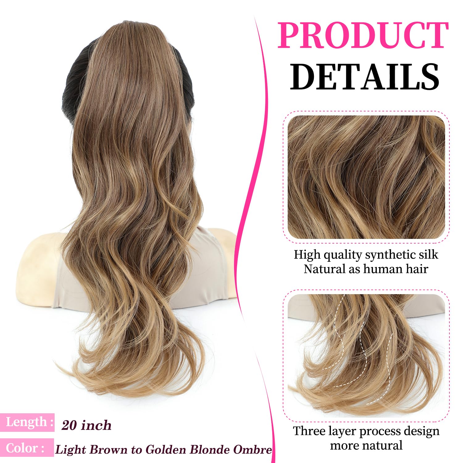 FINE PLUS 20inch Ponytail Extension Curly Wave Layered Claw Clip in Ponytail Hair Extensions for Women Light Brown to Golden Blonde Ombre Fake Pony Tail Hairpieces for Daily/Work/Party Use - Image 2
