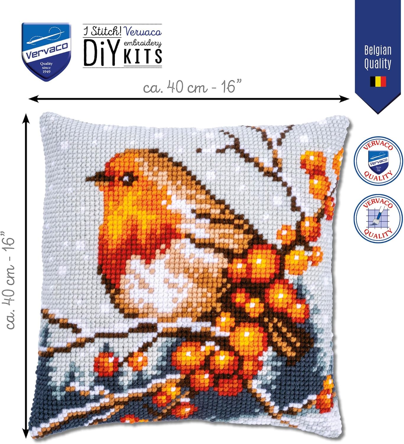 Vervaco Robin Cross Stitch Cushion Kit, ca. 40 x 40 cm, Off- White