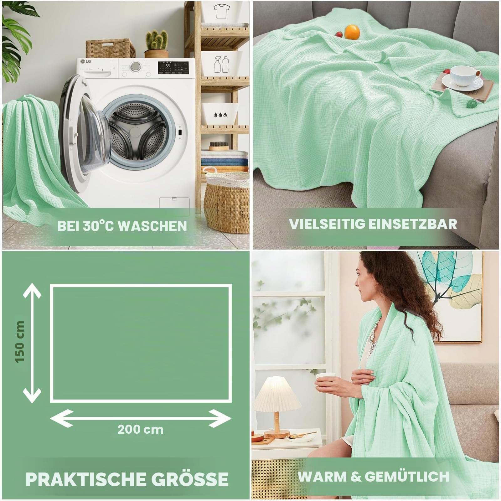 Musselin Decke 150x200 cm – 100% Baumwolle, 6-Lagige Weiche Sommerdecke, Atmungsaktive Dünne Kuscheldecke für Bett & Sofa, Tagesdecke Couch Überwurf (Hellgrün)