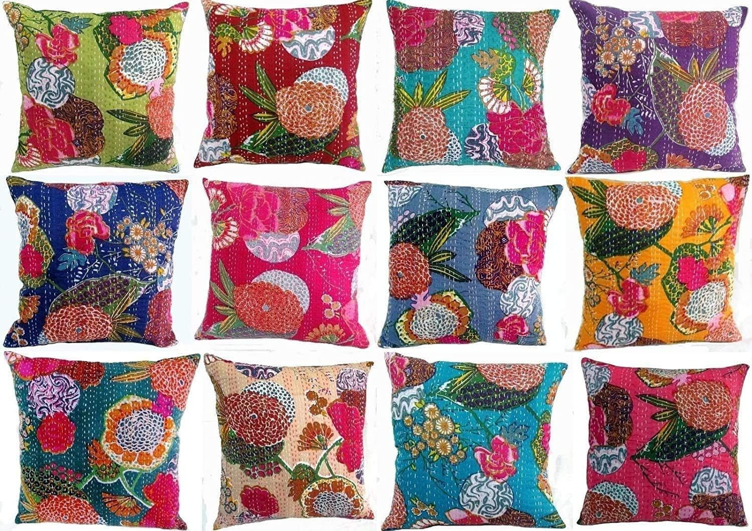 The Harry Creations 100% Cotton Boho Chic Kantha Pillow Case Handmade Cotton Bohemian Fruit Decorative Throw Hippie Sofa Cushion Cover (Grey, 16" x 16")
