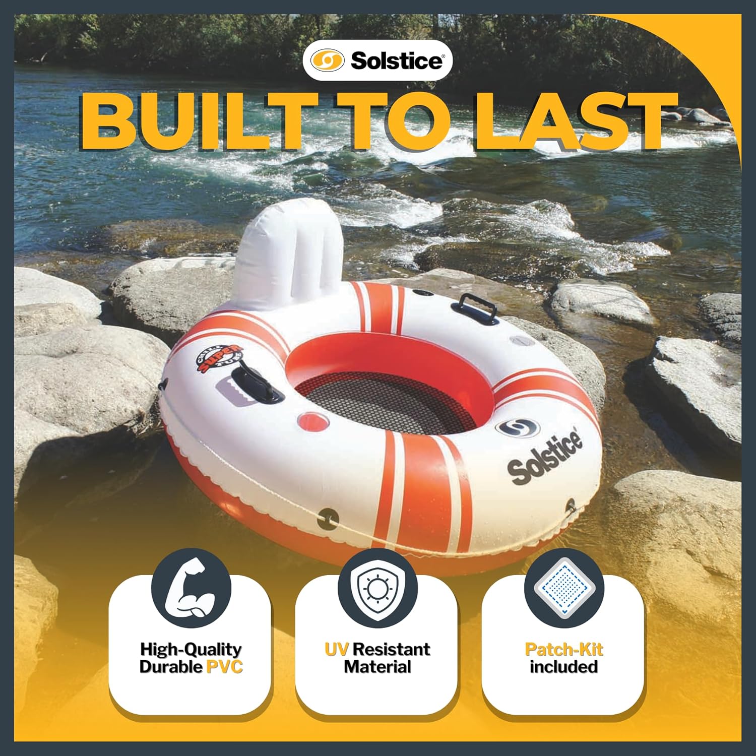 SOLSTICE Inflatable Tube Float – Heavy-Duty Material with Grab Handles for Pool, Lake & River – Compact with Backrest, Mesh Base, Cupholders & Rope – 1-Person, White & Red, 46" – Super Chill
