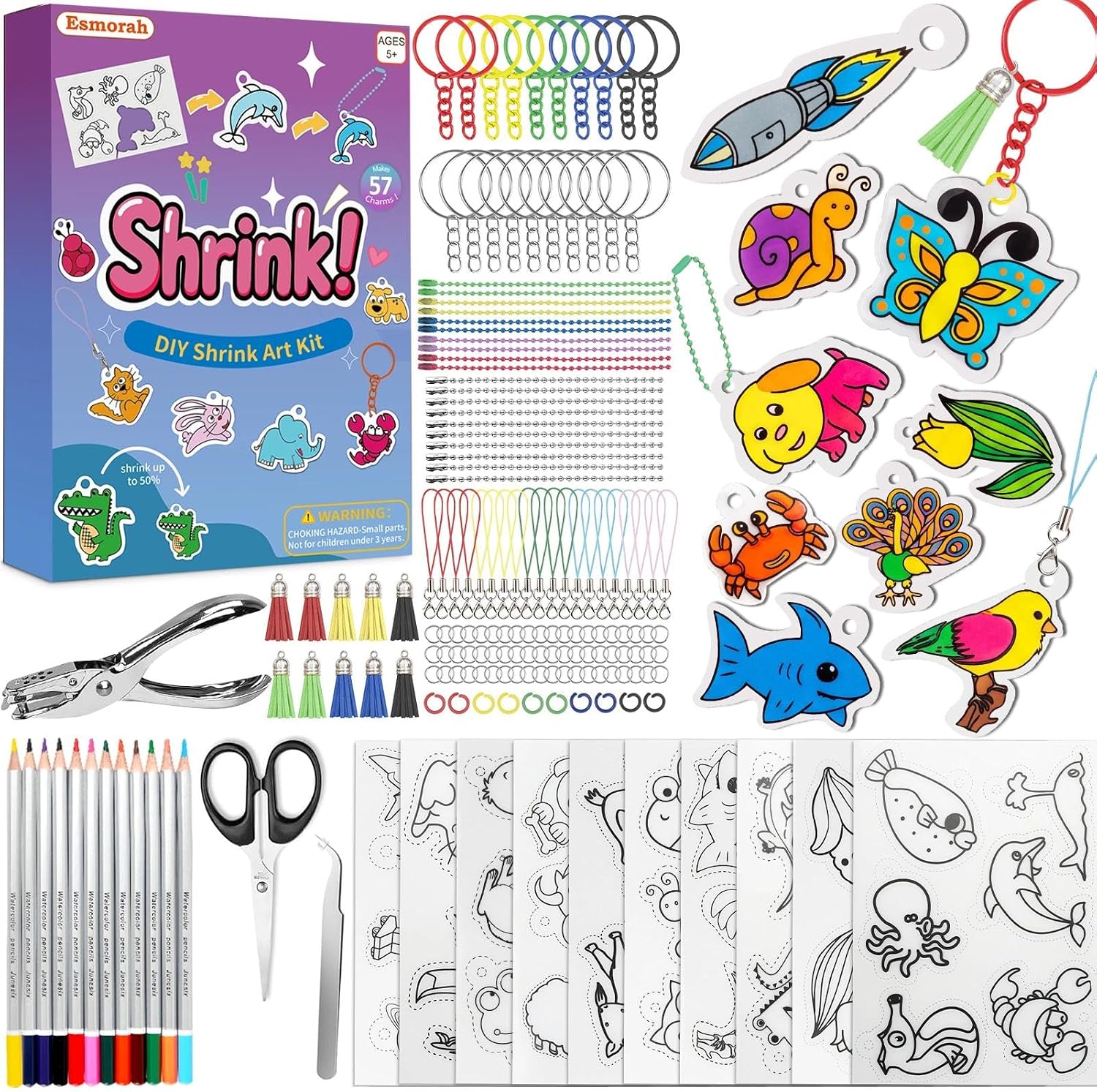 205PCS Shrink Dink Sheets Keychain Kit for Kids with 57 Pre-Printed Charms