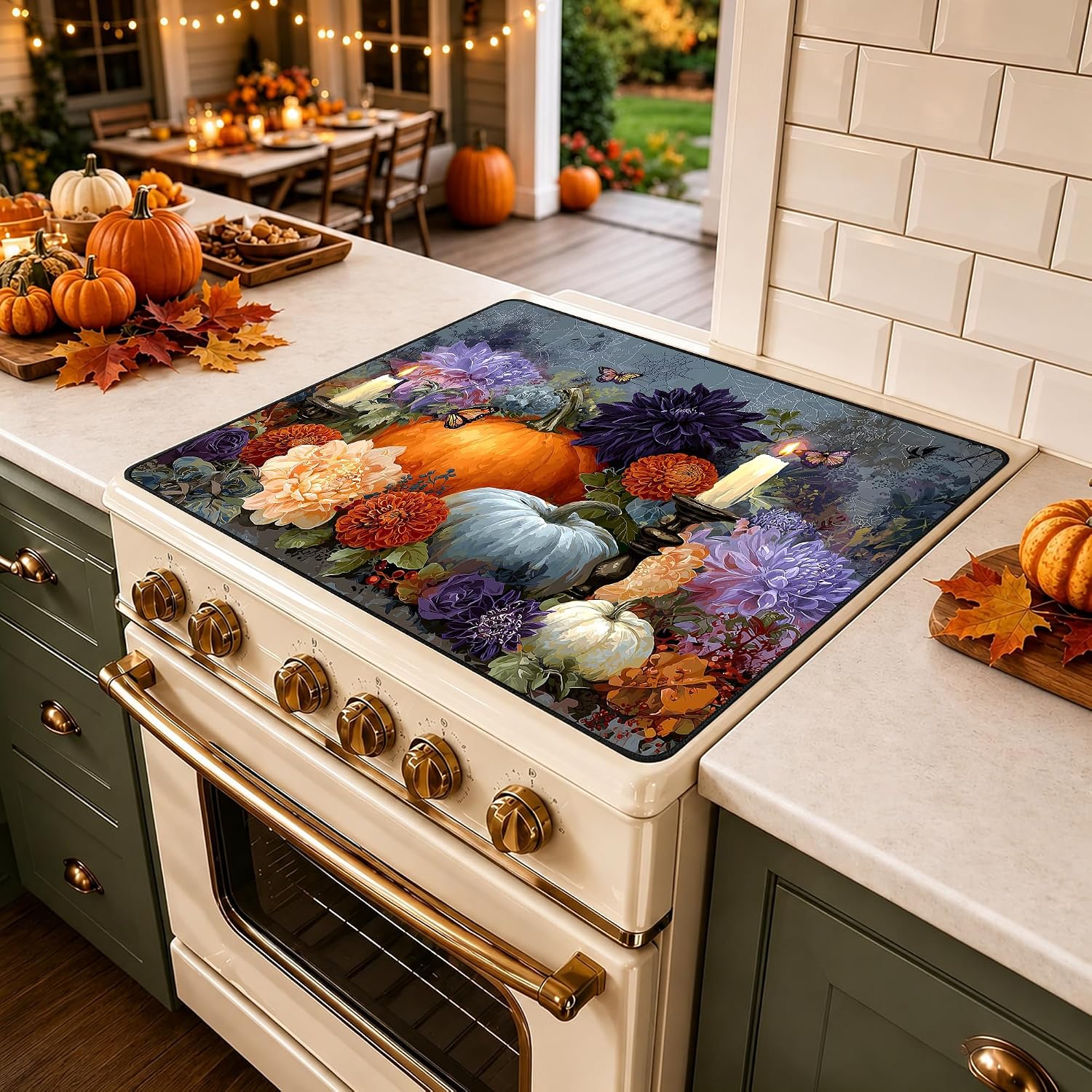 Vintage Fall Pumpkin Dahlia Candle Butterfly Stove Top Cover 28.3x20.5in Heat Resistant Glass Stove Protector Mat, Non Slip Electric Stove Cover Autumn Farmhouse Kitchen Counter Decor