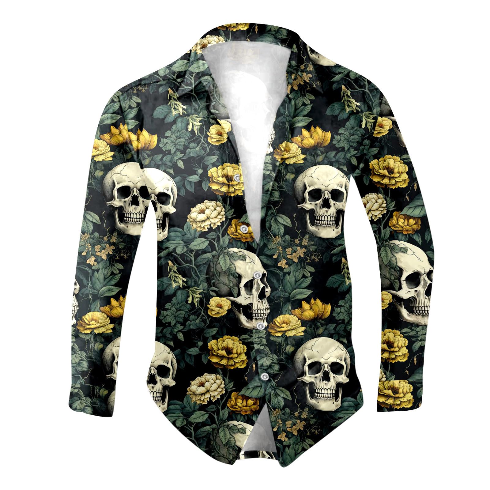 Men's Shirts Long Sleeve Halloween Shirt Skull Rose 3D Printed Long Sleeve Shirt Carnival Costume Button Down Casual Shirt Festival Shirt Scary Printed Shirts Regular Fit, dark green, XXL