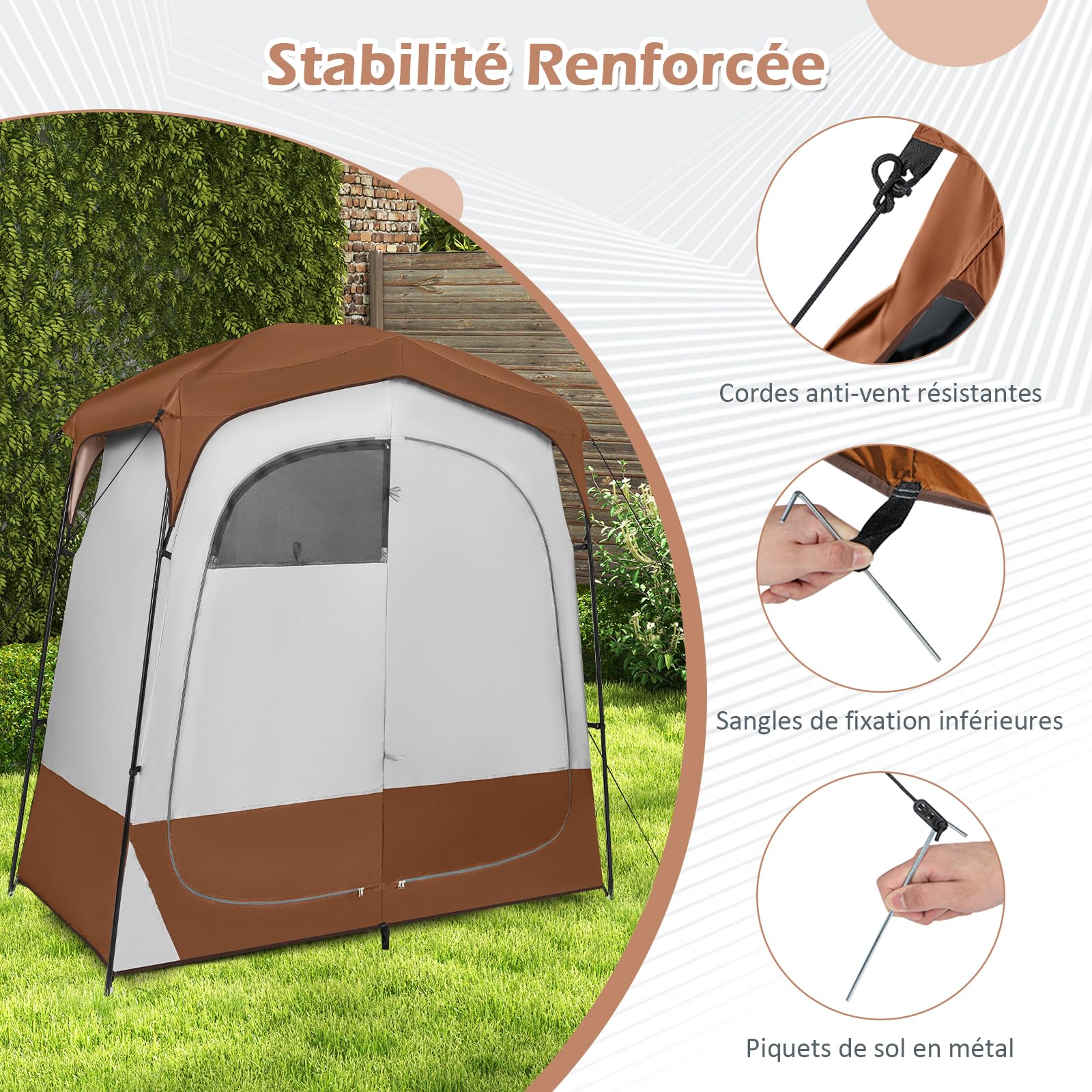 GOPLUS Tente de Douche 2 Personnes, Tente Cabine d'Essayage Portable avec Portes Zippées et 4 Fenêtres, Tente de Vestiaire avec Sac de Transport, pour Camping, Toilettes et Douche, Gris (Brun)