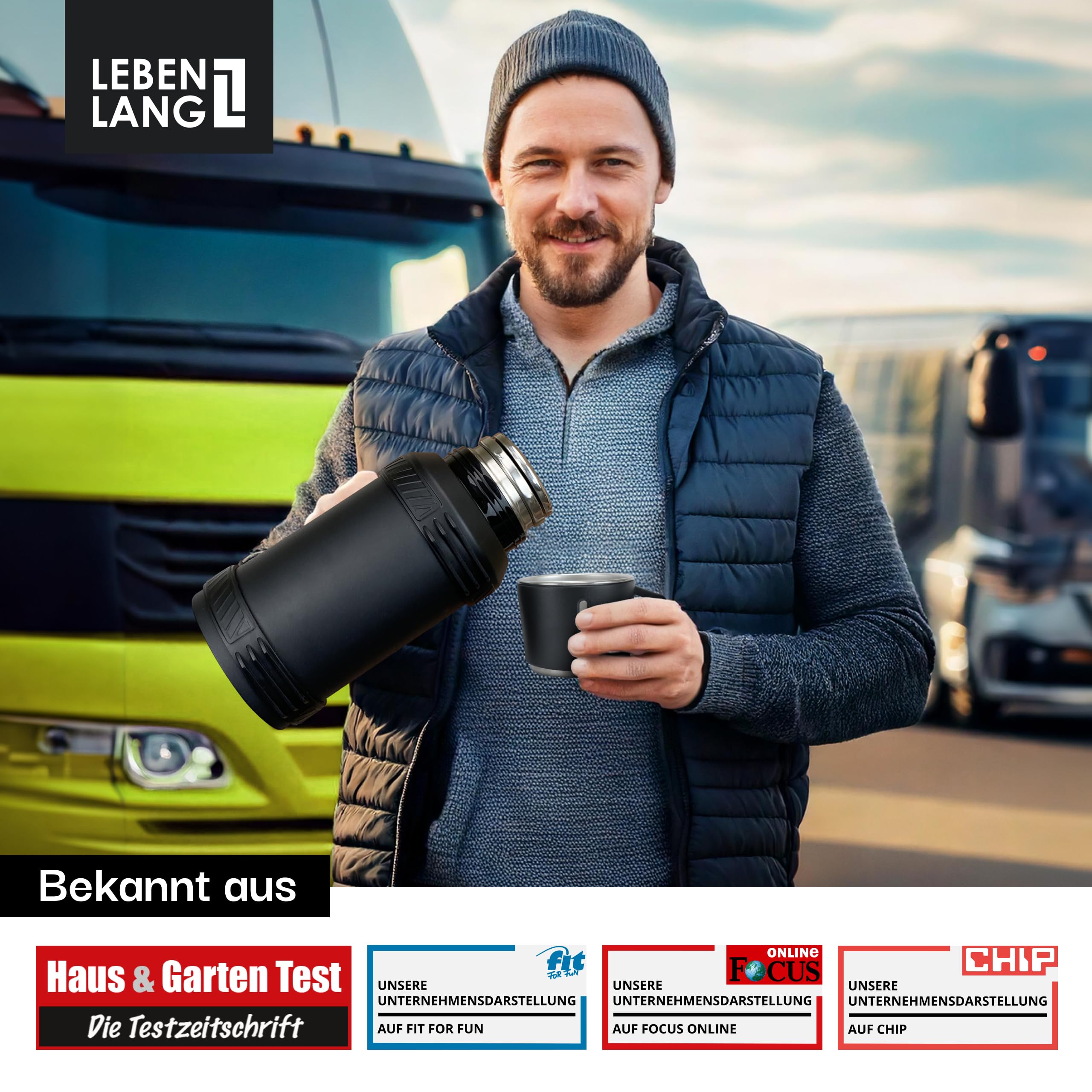 LEBENLANG Thermosflasche 2,5 Liter - 24h Heiß & Inkl. Becher & Teesieb | Trinkflasche Thermobecher 2 5 Liter Thermoskanne I Tragegurt I Getränkeflasche Edelstahl Termoflaschen Isolierflasche Thermo