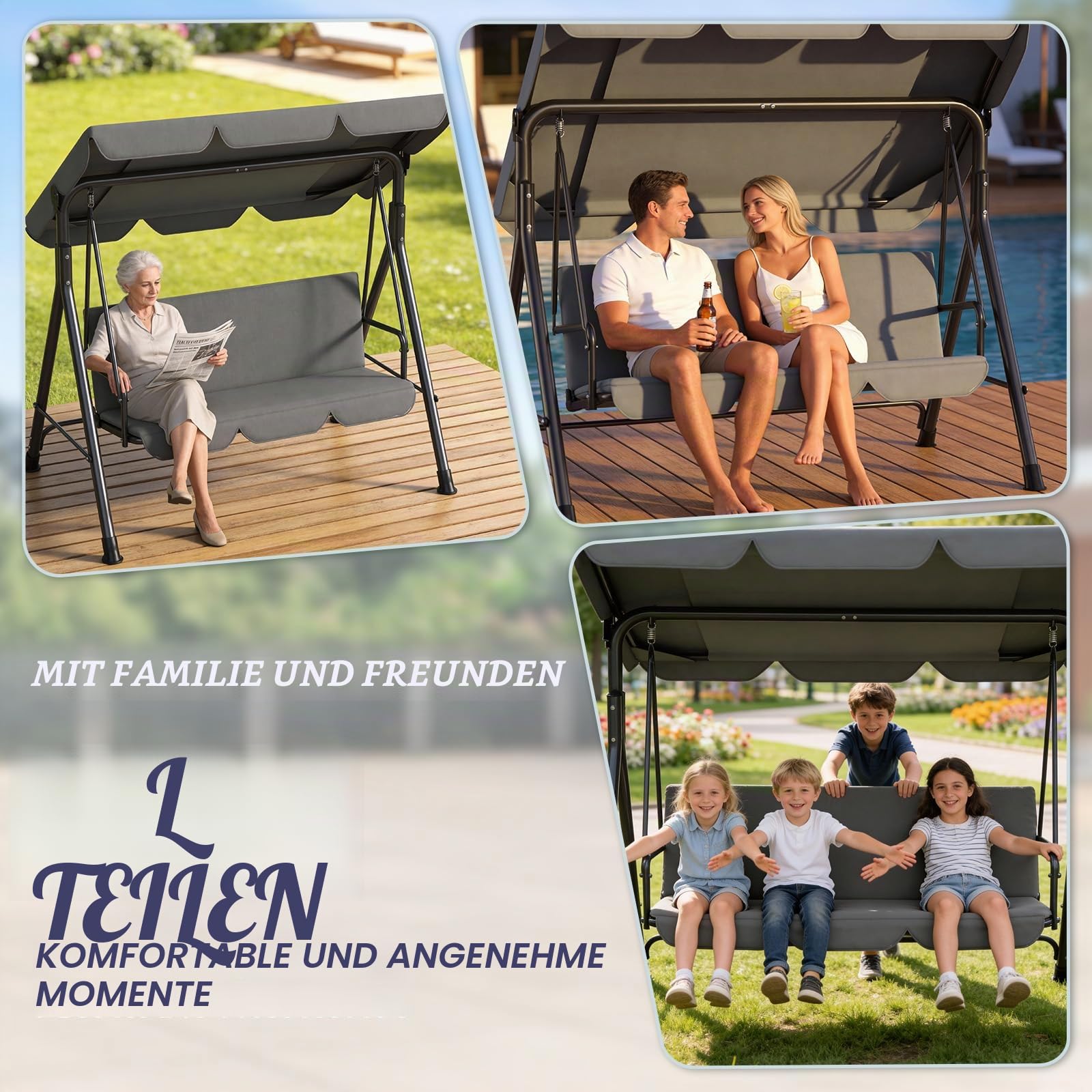 Huracan Hollywoodschaukel 3 Sitzer, Gartenschaukel mit Verstellbarem Sonnendach, Wetterfest Gartenliege, Stabile Metallkonstruktion, Schaukelstuhl mit Anti-Rutsch-Füßen, 193x110x152cm, Anthrazit