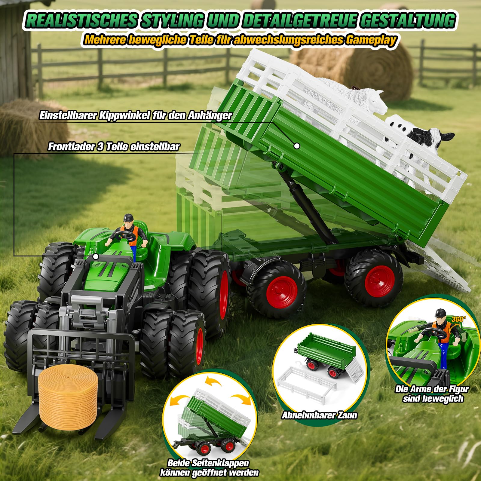 RC Trattore Telecomandato Giocattolo, 2.4 GHz Trattore con Telecomando per Bambini, Completo di Forca Sollevatrice, Rimorchio, Luci, Mucca, Pecora e Balla di Fieno, Regalo per Bambini 3-8 Anni