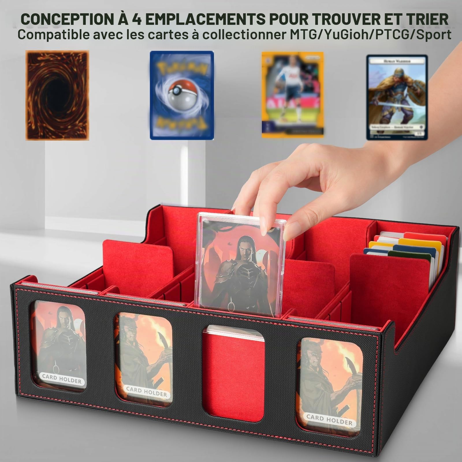 Boîte de rangement pour deck MTG - Capacité de 3000+ cartes avec 24 séparateurs et fenêtres d'affichage pour cartes TCG et YuGiOh (Noir & Rouge)