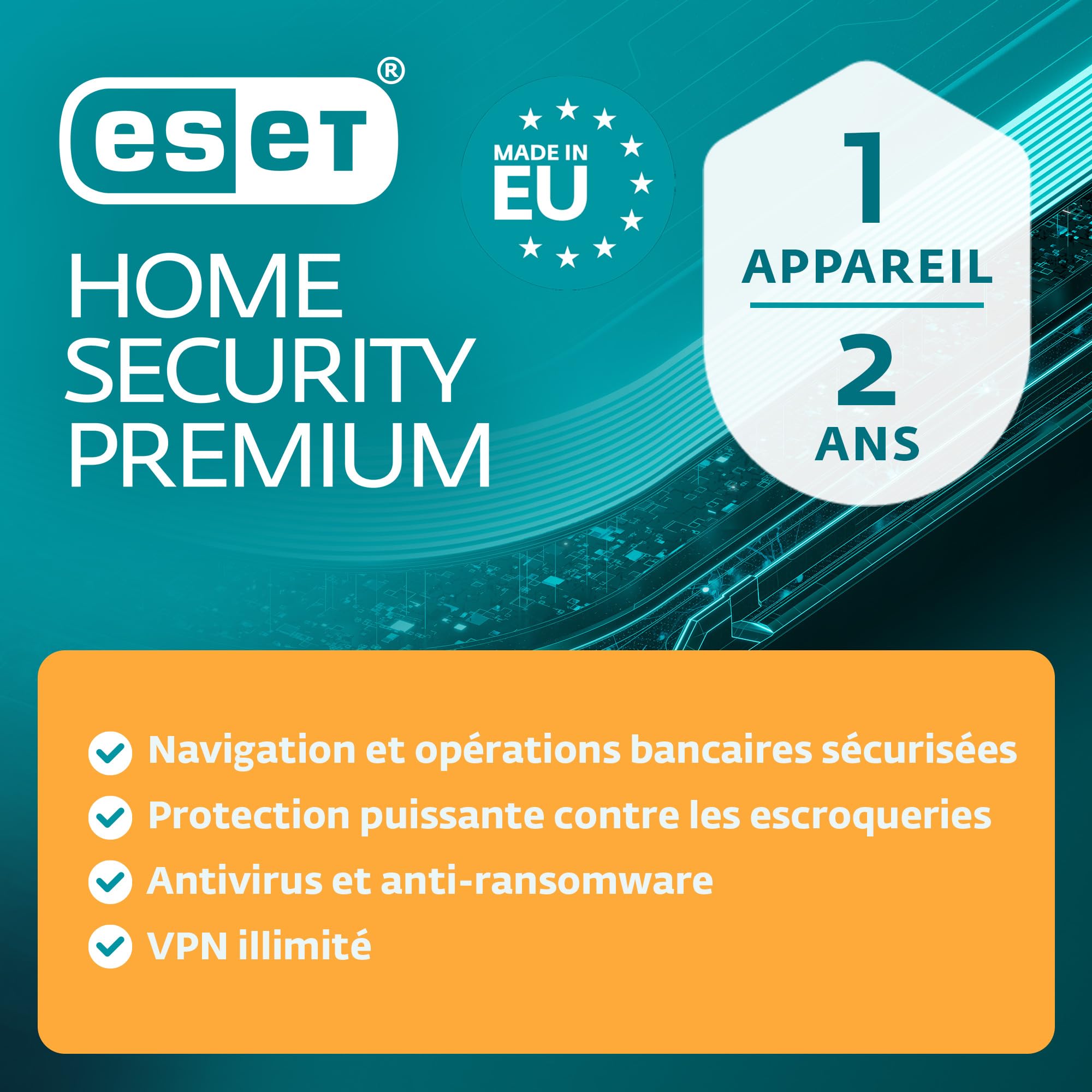ESET HOME Security Premium 2026 | 1 appareil | 2 ans | Suite de sécurité, VPN, Pare-feu, Chiffrement renforcé | Windows, MacOs, Android & iOS | Code d'activation envoi par email