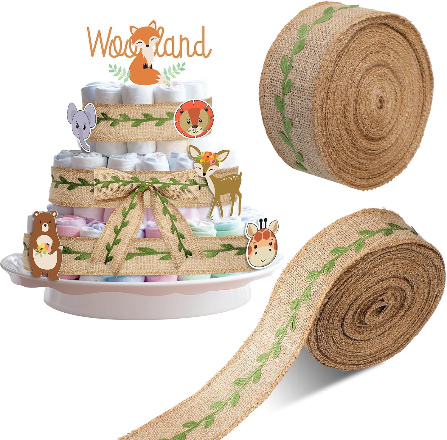Hotop Diaper Cake Burlap Ribbon Green Leaf Woodland Theme Safari Ribbon for Gift Wrapping Baby Shower Gender Reveal Party Diaper Cake Decor(20yard)