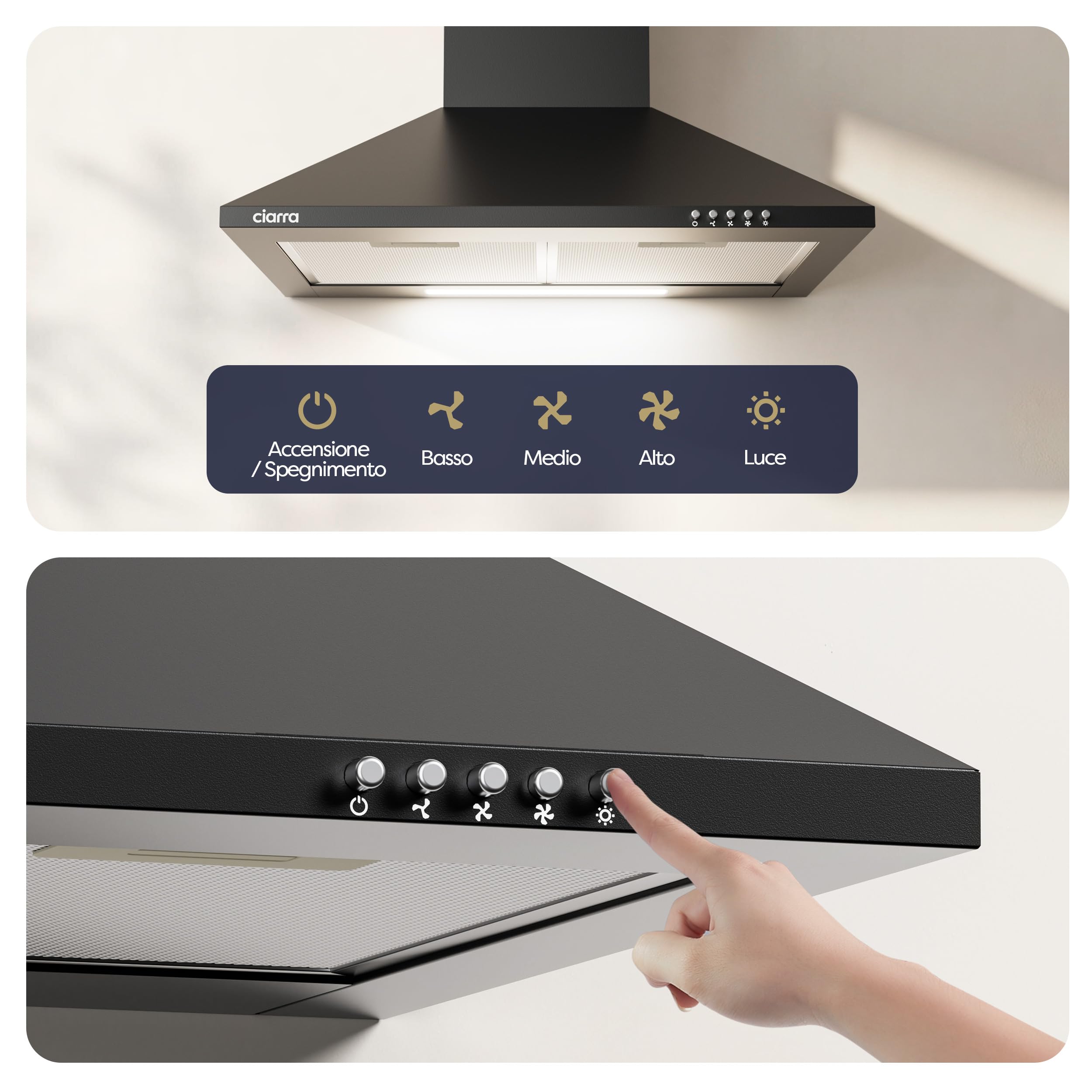 CIARRA CBCB6201 Cappa Aspirante Cucina 60 cm Classe A++ - Design Nero, 370 m³/h, 3 Livelli di Potenza, Montaggio a Parete con Filtro Carbone CBCF002X2