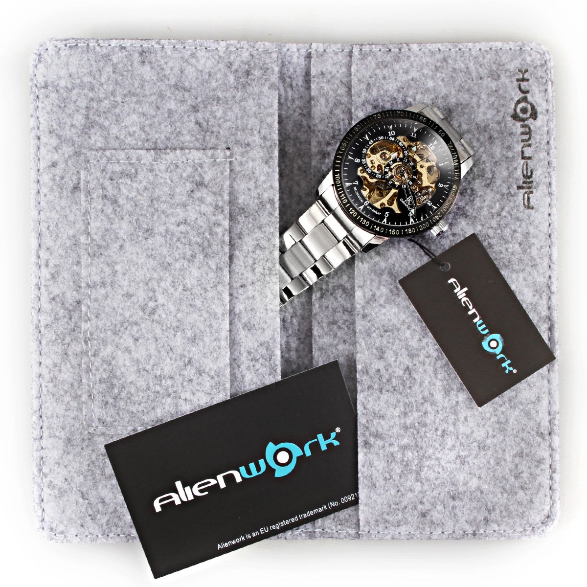 Alienwork IK Reloj Automático Hombre Mujer Plateado Pulsera de Metal Acero Negro Esqueleto Fondo de Vidrio