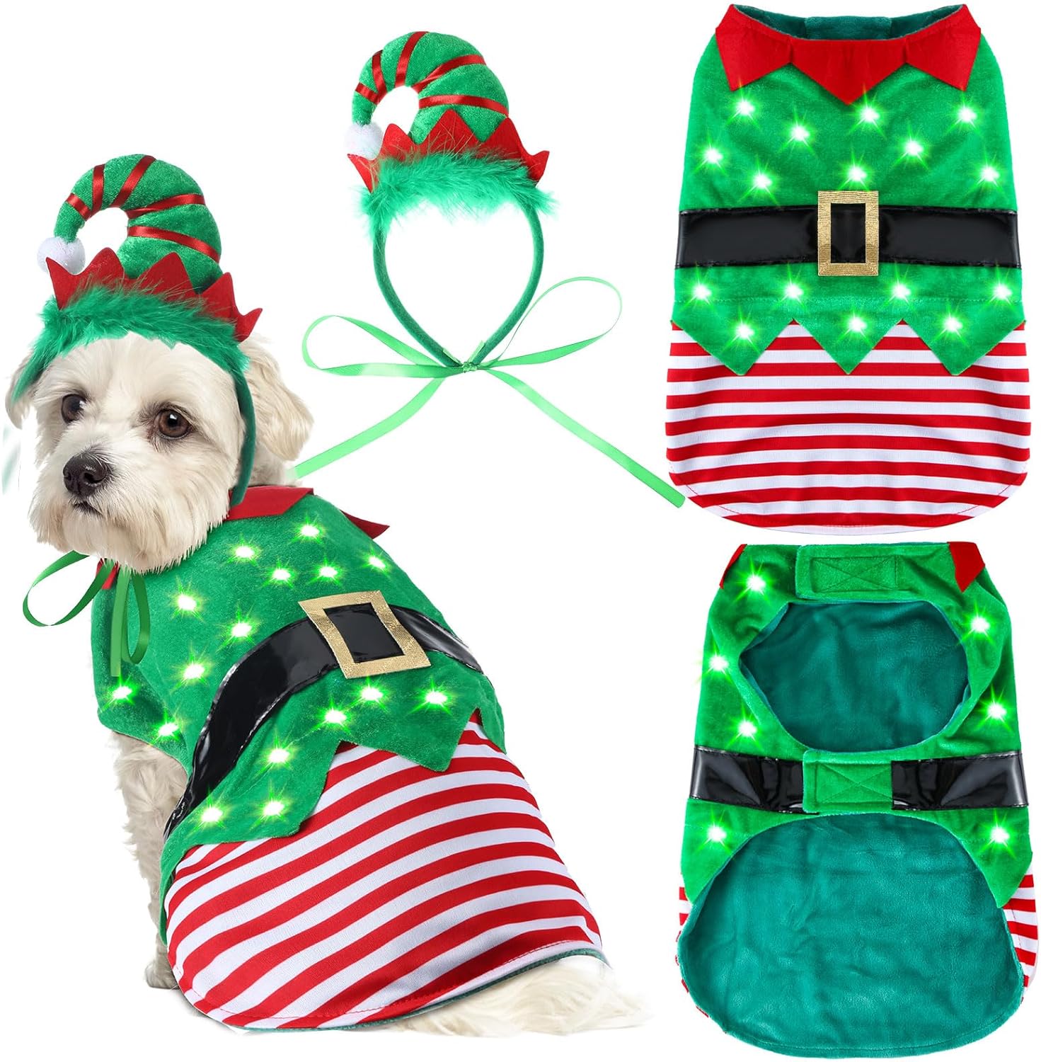 Abbylike Christmas Dog Elf Costume Outfit & Headband with LED Light Cat Costume Clothes for Small Medium Large Dogs(X-Large)
