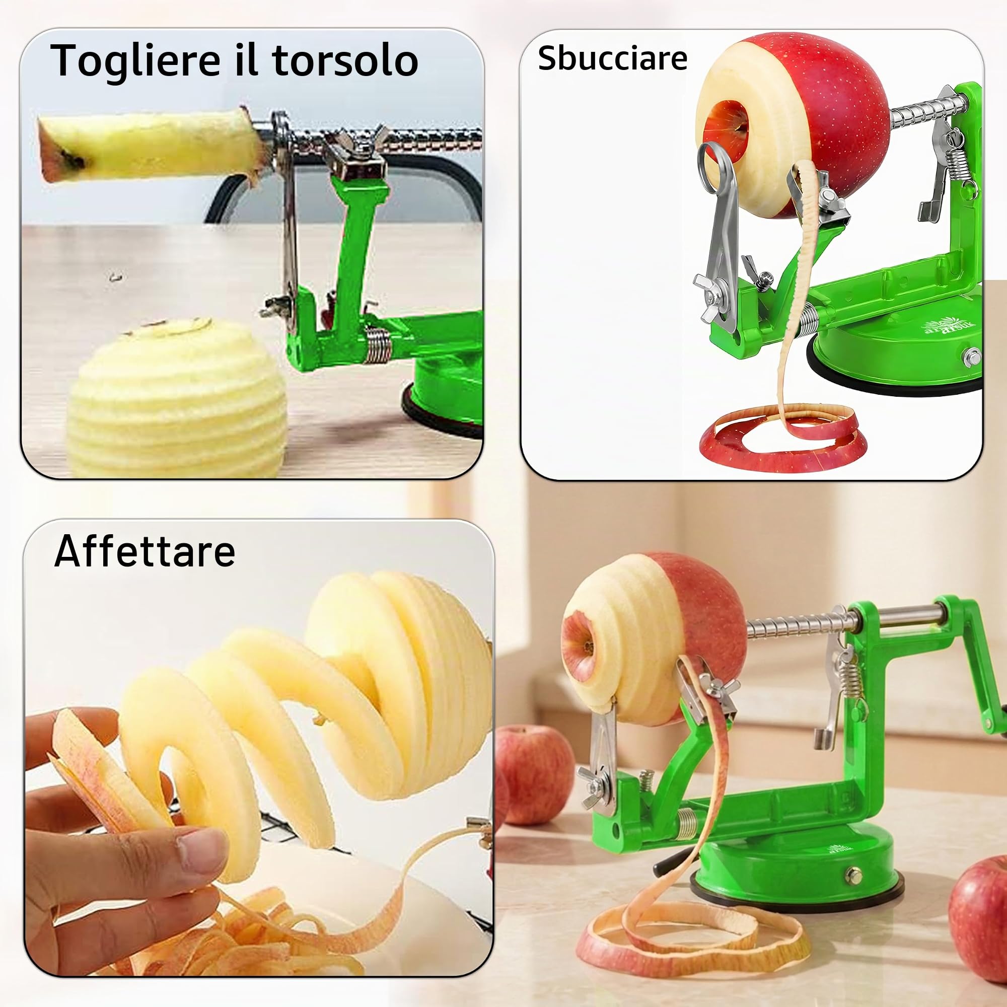 ARSUK Sbuccia Mela - Pelatore, Affettatore e Levatorsoli, Pelapatate Frutta Verdure e Patate Pela 3 in 1 - Pelamele Macchina, Corpo Ghisa, Lama Regolabile in Acciaio Inox, Base a Ventosa Antiscivolo