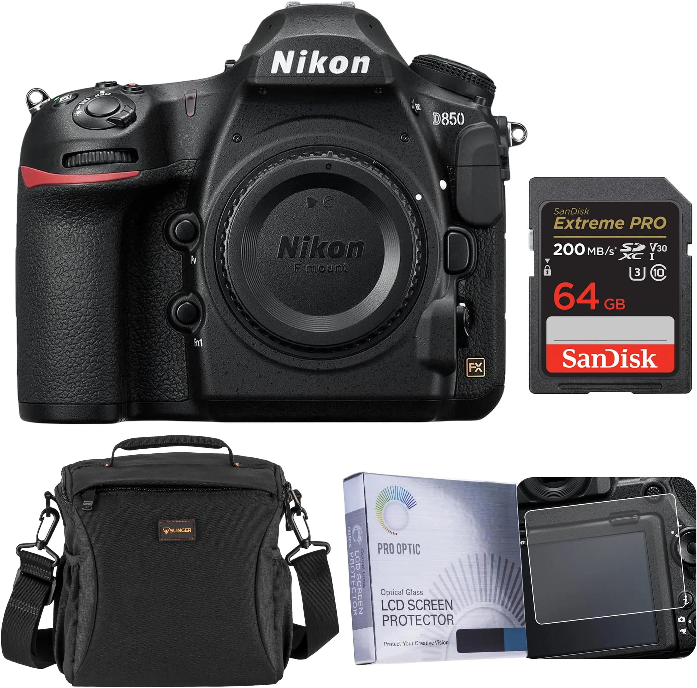 - D850 DSLR Camera, with 64GB Memory Card, Slinger Shoulder Bag, Screen Protector, Nikon 1 Year Warranty