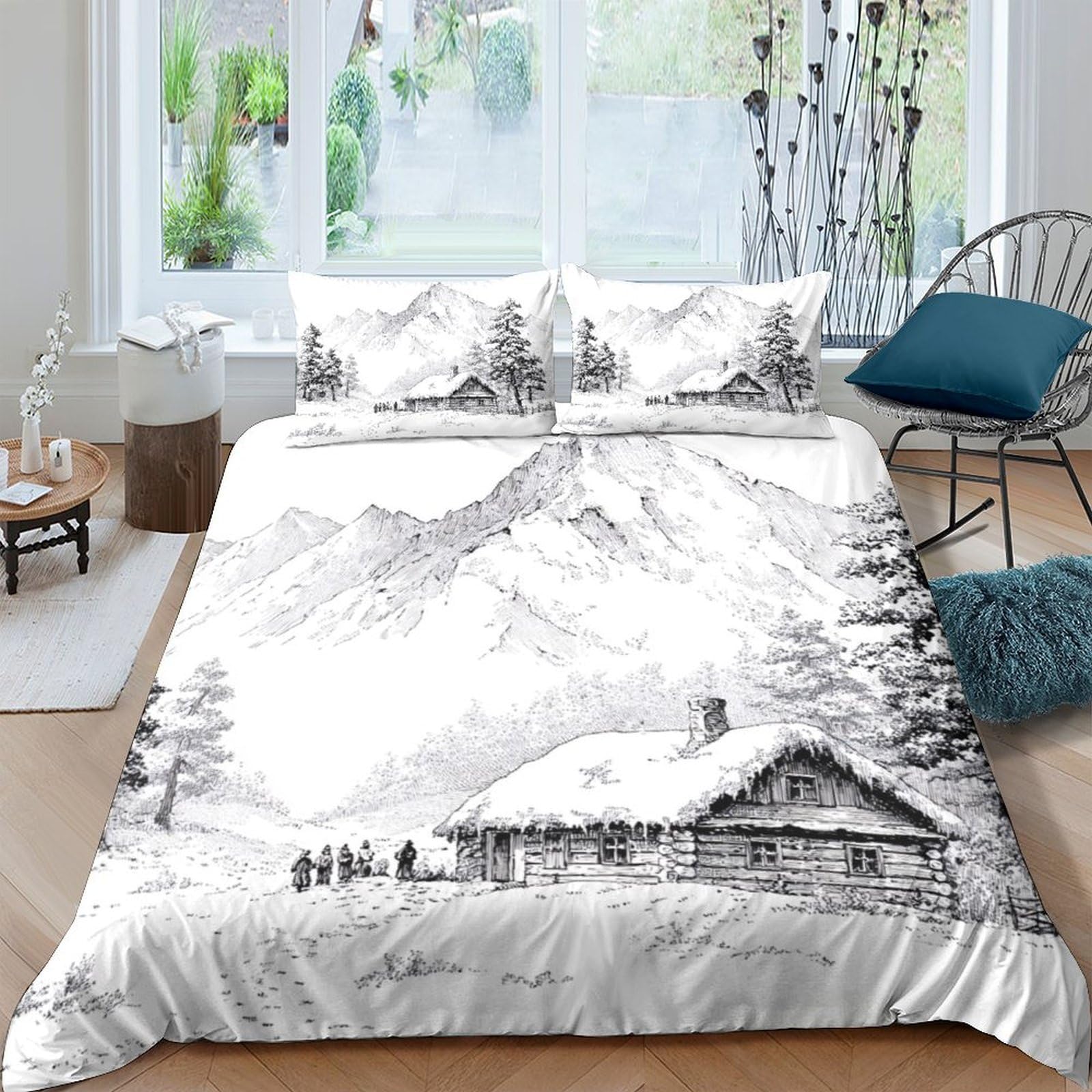 Ctjqhvkz Style-7 3D Printed Winter Mountain Cabin Fitted Sheet Microfiber Soft Mattress Cover Scenic Forest Bed Decor For Bedroom Single（135X200cm）
