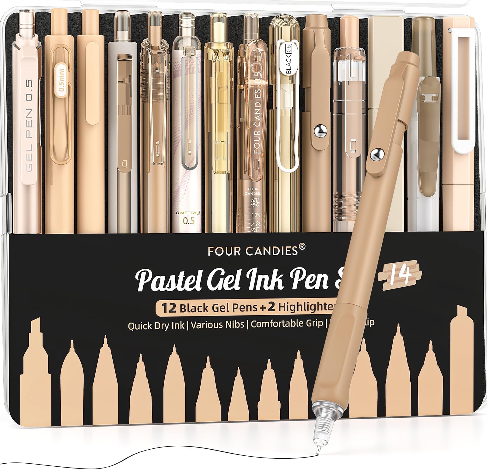 Four Candies 14Pack Pastel Gel Ink Pen Set,Cute Retractable 0.5mm Fine Point Pen,Note Taking Aesthetic Pens,12 Pack Black Ink Pens with 2Pack Highlighter, Smooth Writing Pens for School, Office-Brown