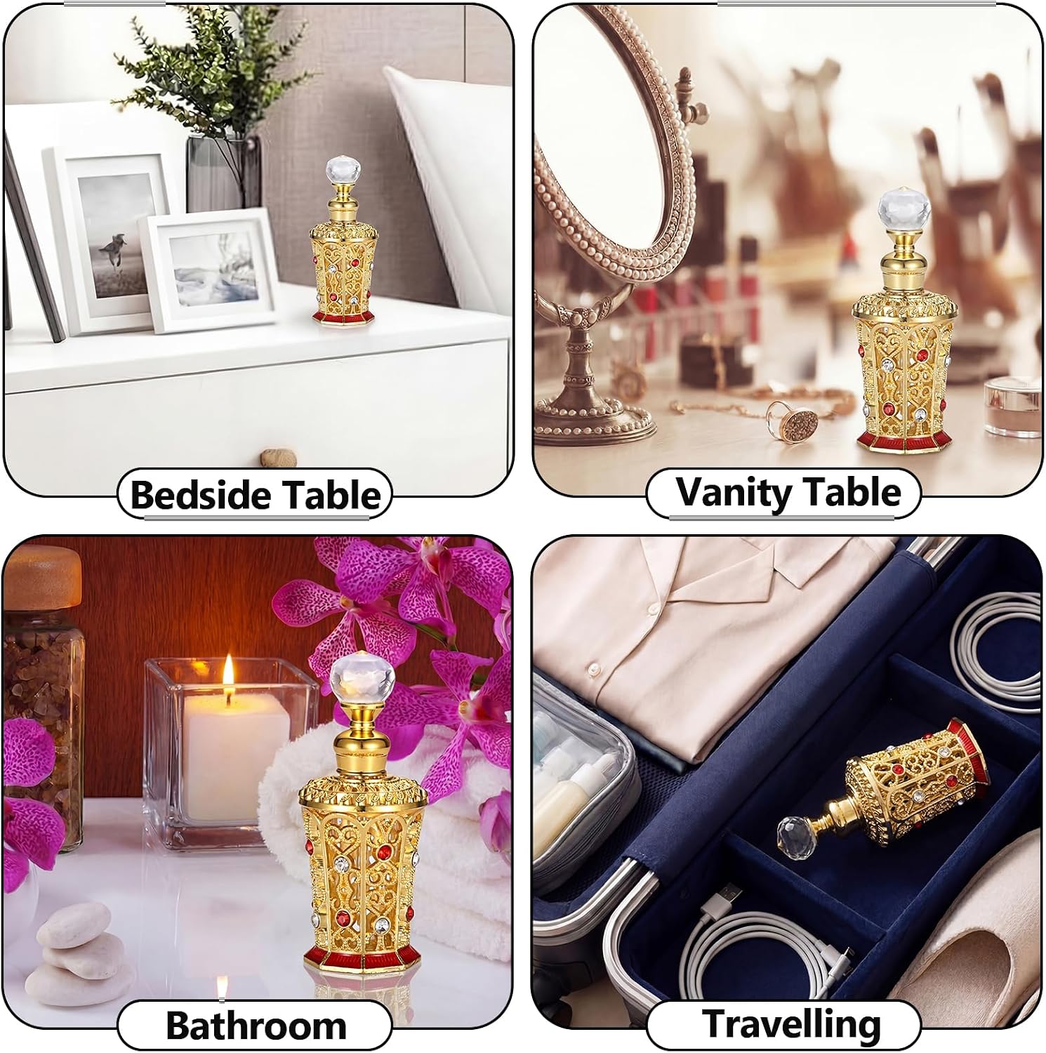 ELLDOO 10ml Vintage Perfume Bottle, Empty Container Perfume Vial, Antique Crystal Jeweled Decorative Essential Oil Bottle, Lady Essential Reusable Oil Bottles Decoration, Gold