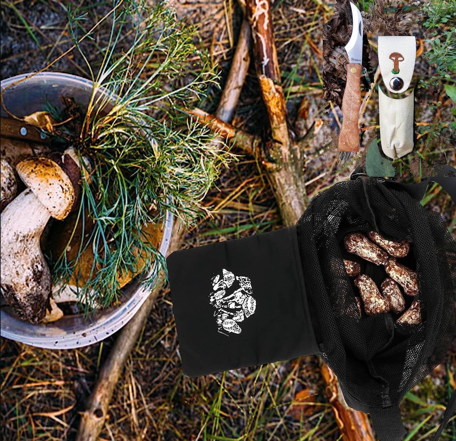 Ensemble Sac et Couteau pour la cueillette des Champignons et des Fruits - Sac en Maille libérant des Spores - - Couteau avec étui et Manche en Bois