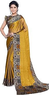 MIRCHI FASHION SOURBH Women's Chiffon Batik Style Border-Palav Printed Saree with Blouse Piece, Mustard, Beige, One Size