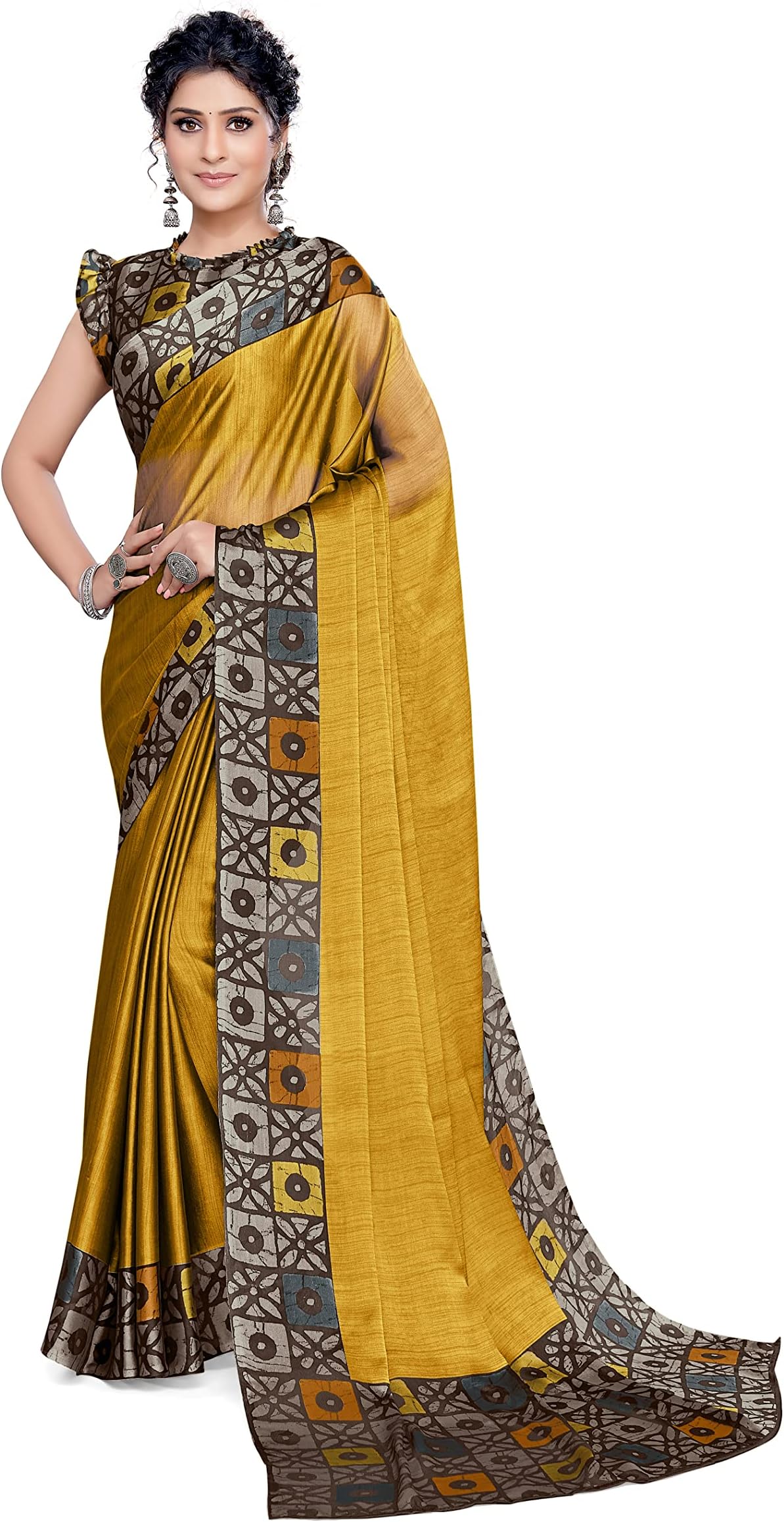 MIRCHI FASHION SOURBH Women's Chiffon Batik Style Border-Palav Printed Saree with Blouse Piece, Mustard, Beige, One Size