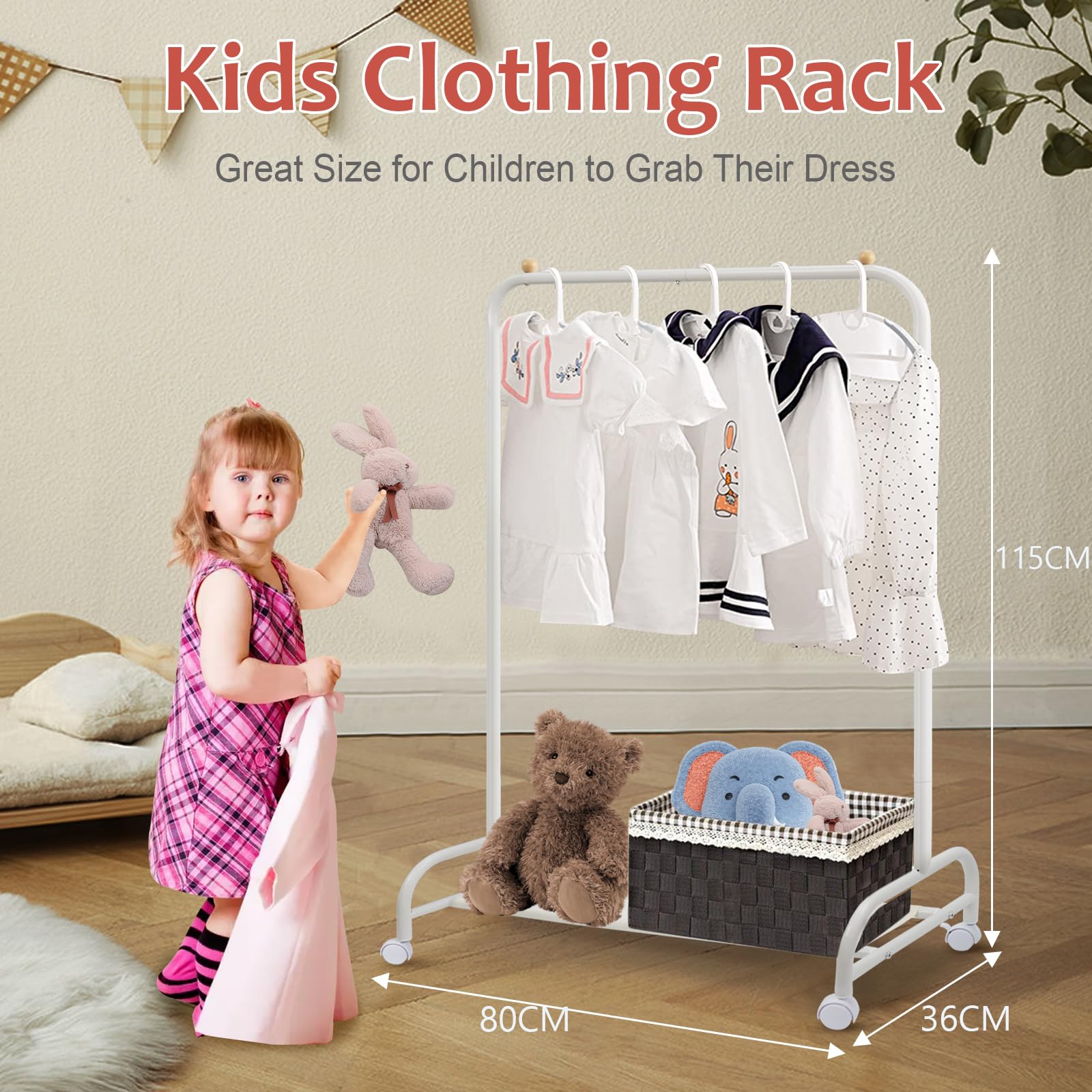 Perchero para niños, con ruedas, de metal, estable, con estante inferior, zapatero para abrigos, faldas, disfraces, color blanco