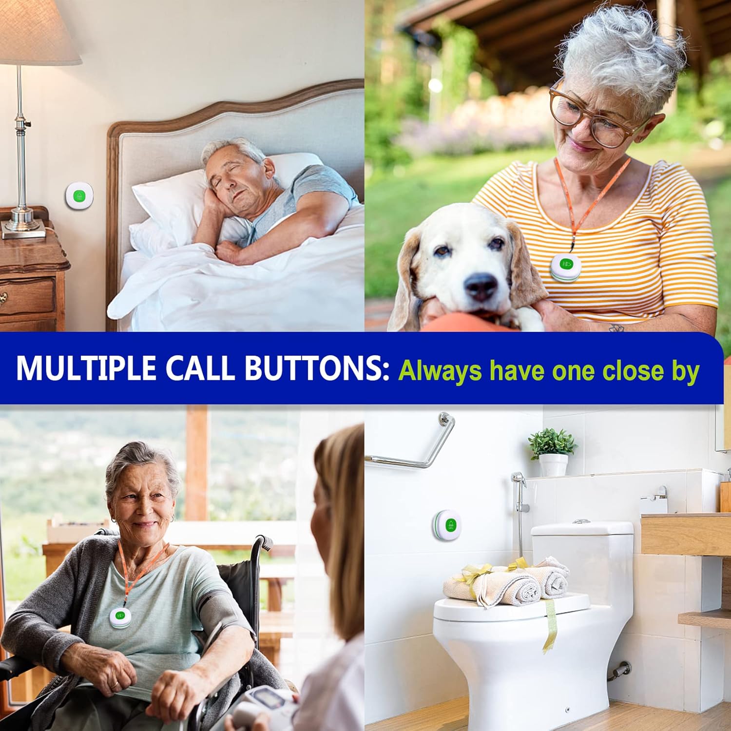 Multiple images showing the Daytech call button placed in different locations: on a nightstand, on a bathroom wall, and attached to a wheelchair.