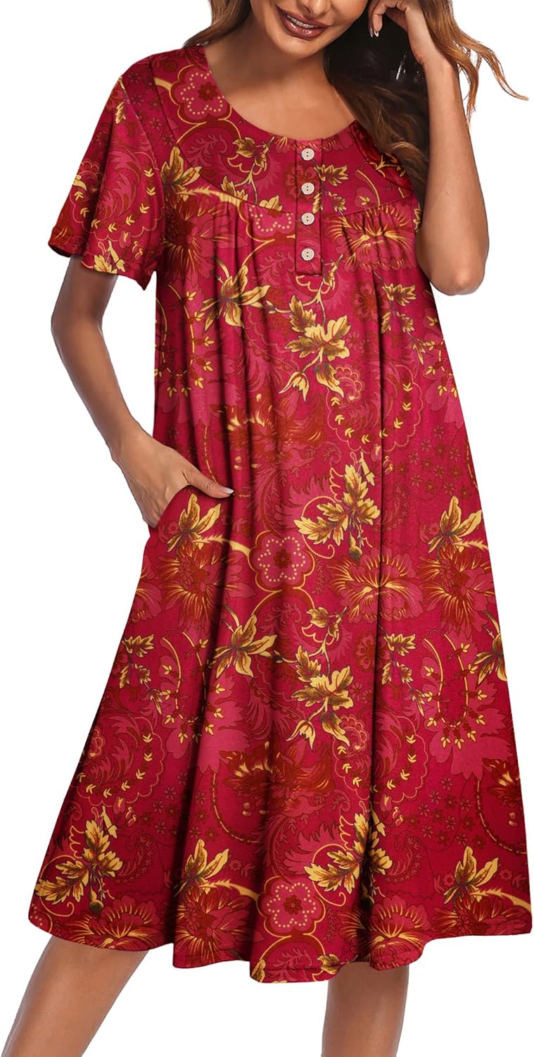 Ekouaer Nightgowns for Women Short Sleeve House Dress with Pockets Floral Print Mumu Dress