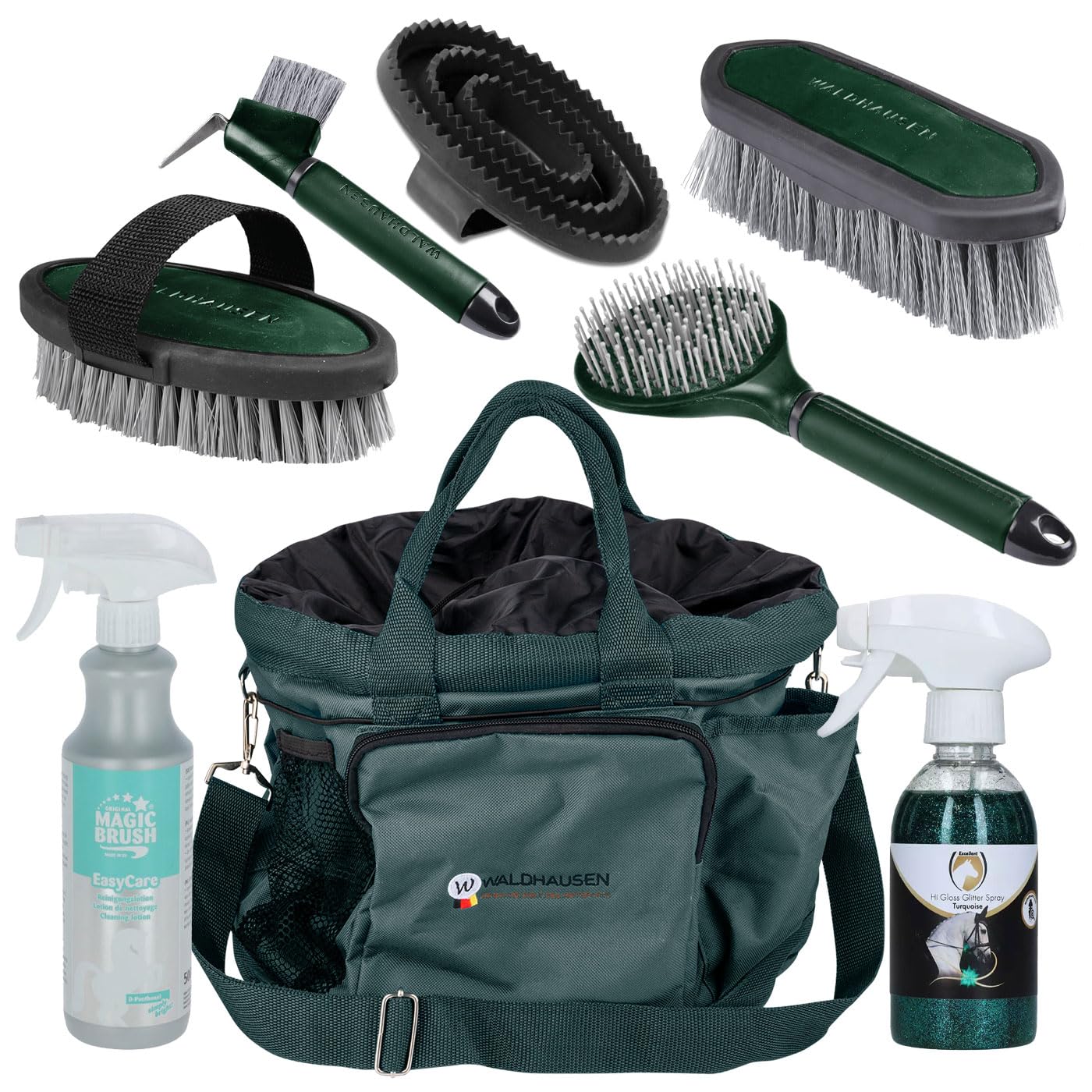 Waldhausen Supreme Juego de cuidado de caballos, 8 piezas, incluye bolsa de limpieza, cepillos, cerillas, raspadores, loción y spray con purpurina, juego completo para pelaje, melena y pezuñas, color