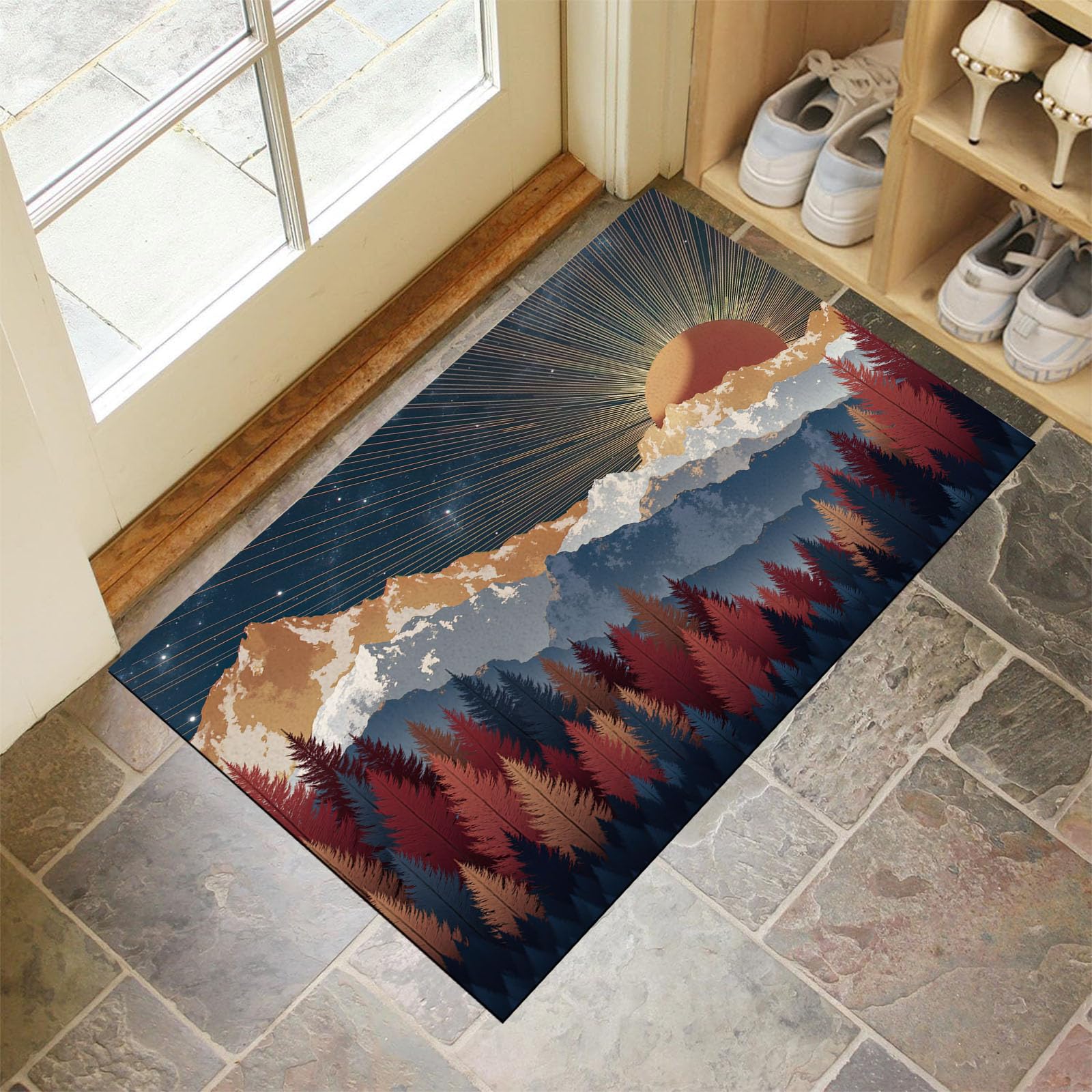 80X120Cm Zerbino Ingresso Interno Antiscivolo Assorbente, Tappeto In Microfibra Sottile Lavabile Con Montagne Dell'Alba Boema Cielo Stellato Lussuoso Per Cucina Bagno Porta E Animali, Blu Scuro