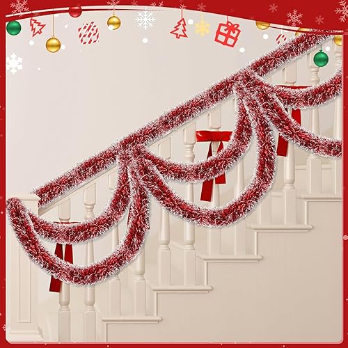 Miniatura 6 de Exuberante guirnalda de oropel de Navidad, serpentinas metálicas radiantes rojas y blancas para decoración navideña, guirnalda de árbol de Navidad