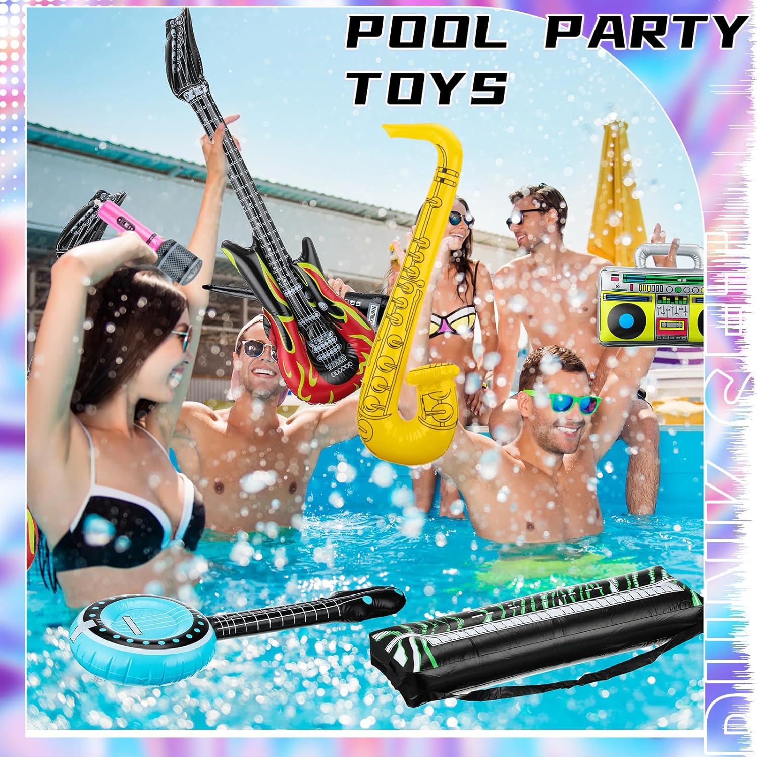 12 Pieces Inflatable Instruments Party Props Rock Star Toy Set Blow Up Guitars Inflatable Saxophone Bass Lute Microphones Mobile Phone Recorder Piano for 80s 90s Themed Party Photo Booth Decorations